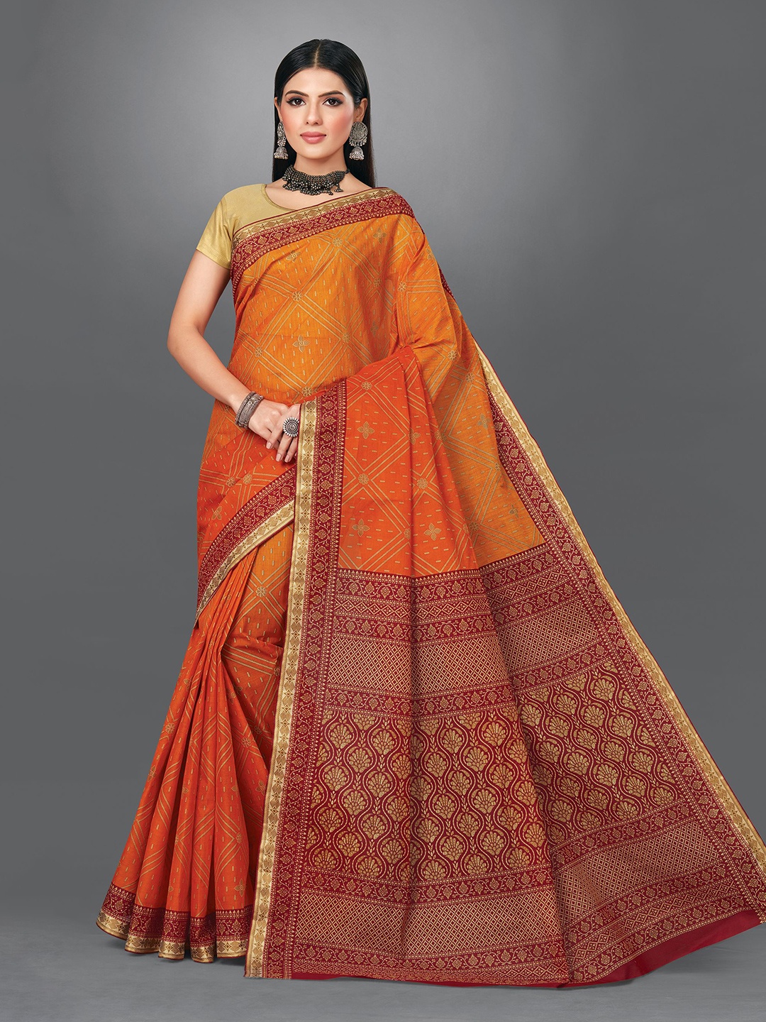 

SHANVIKA Geometric Pure Cotton Block Print Saree, Orange