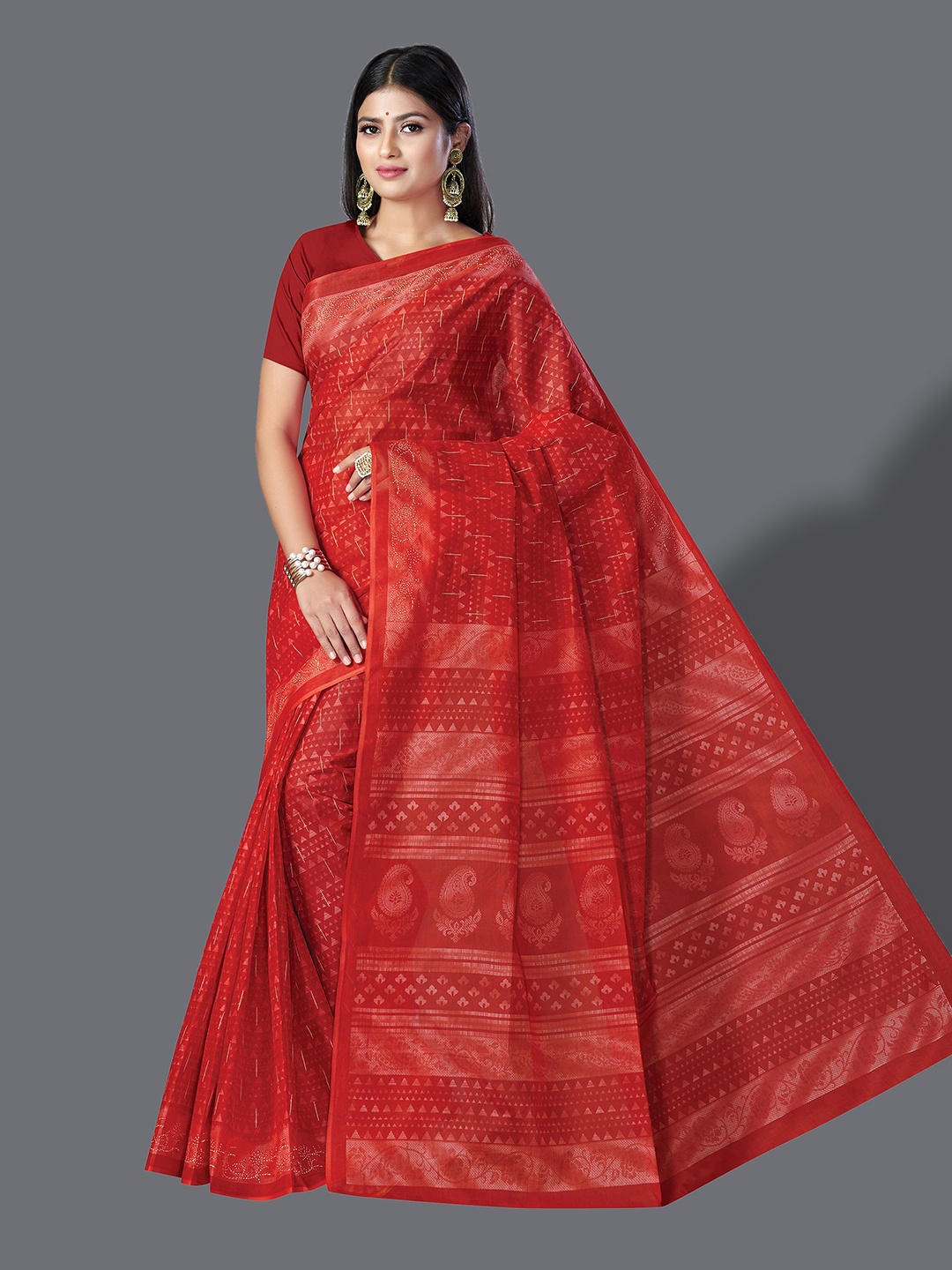 

SHANVIKA Geometric Printed Pure Cotton Saree, Red