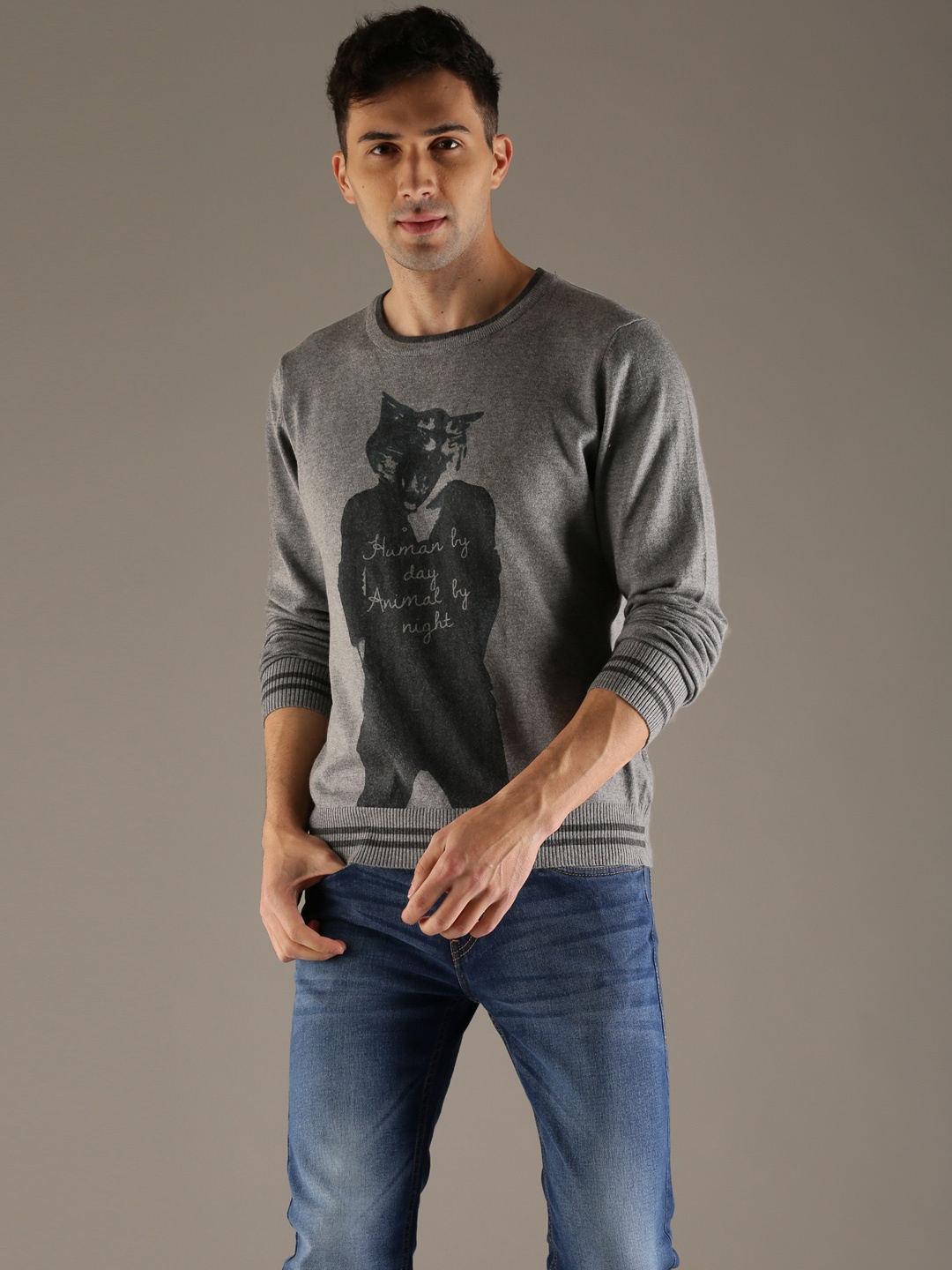 

Flying Machine Men Grey Printed Pullover