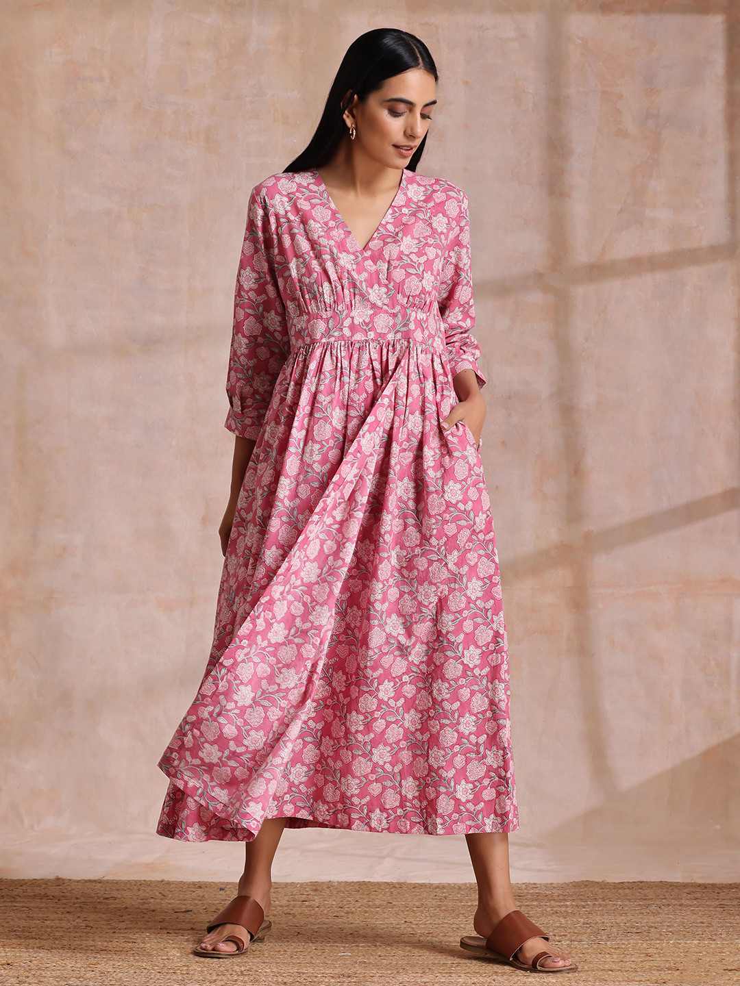 

trueBrowns Floral Printed Cotton Wrap Midi Dress, Pink