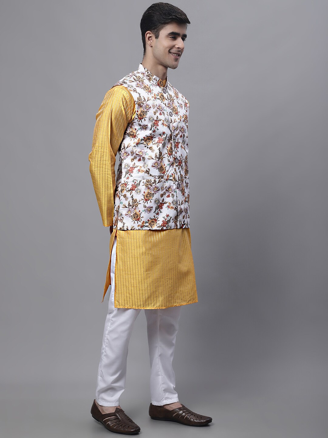 

Jompers Striped Thread Work Straight Kurta with Pyjamas & Nehru Jacket, Mustard