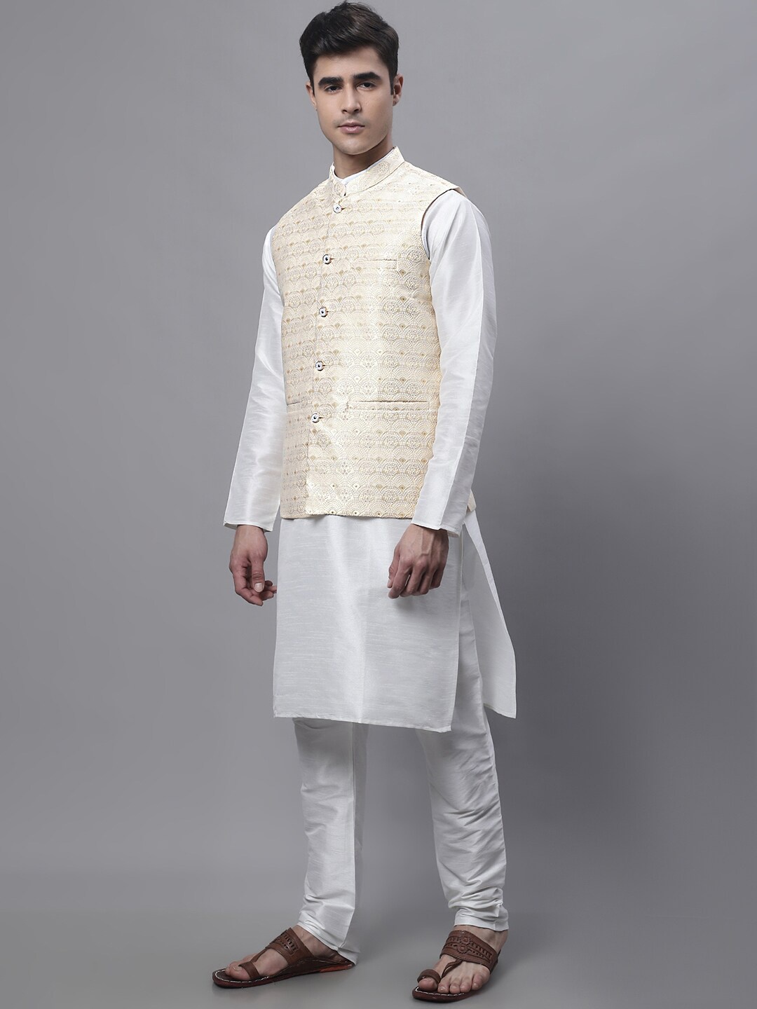 

Jompers Straight Kurta with Churidar & Nehru Jacket, White