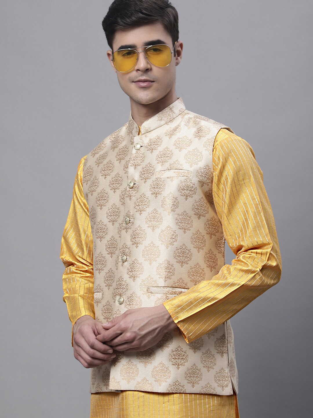 

Jompers Striped Thread Work Straight Kurta with Pyjamas & Nehru Jacket, Mustard