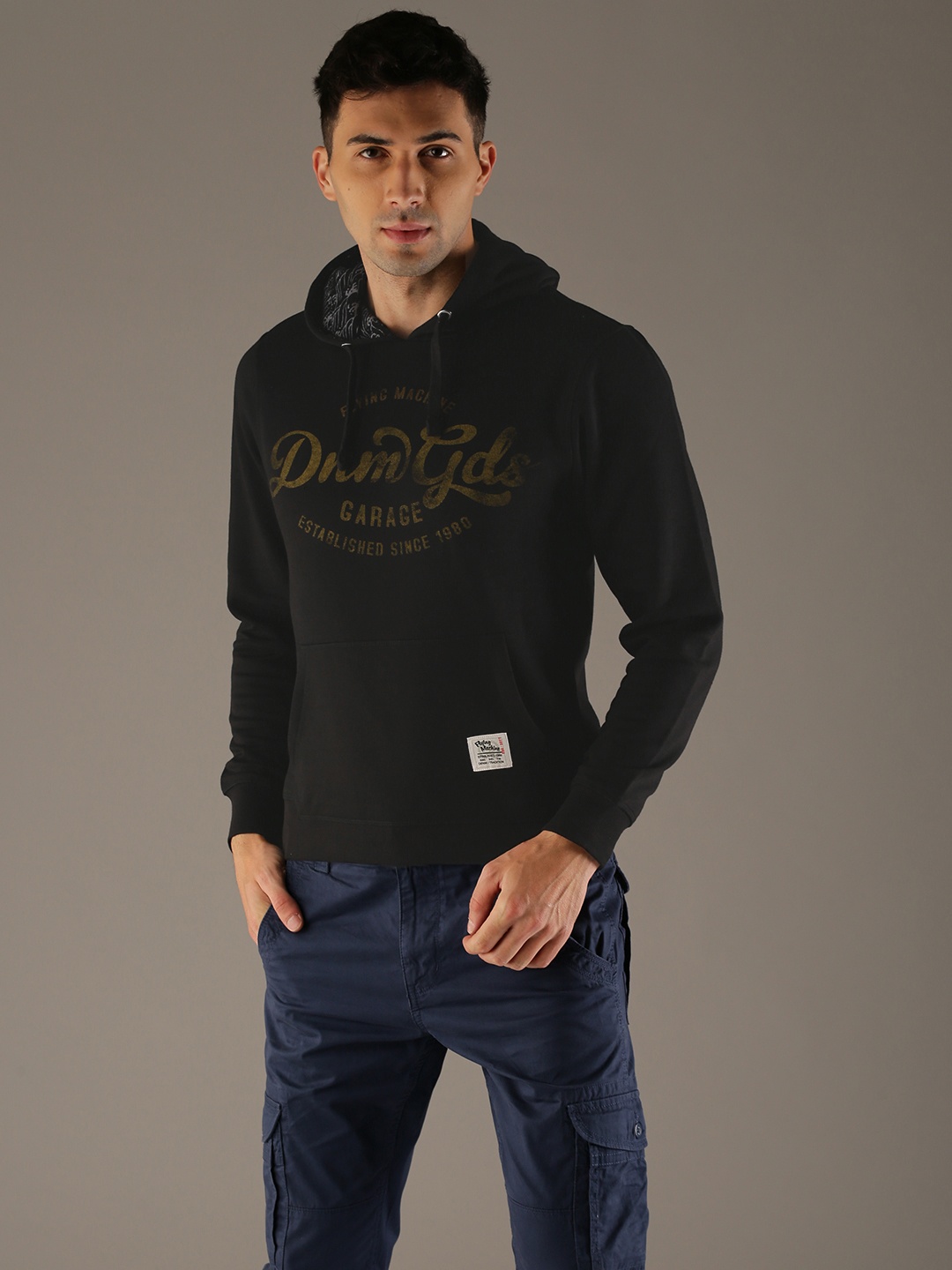 

Flying Machine Men Black Printed Hooded Sweatshirt