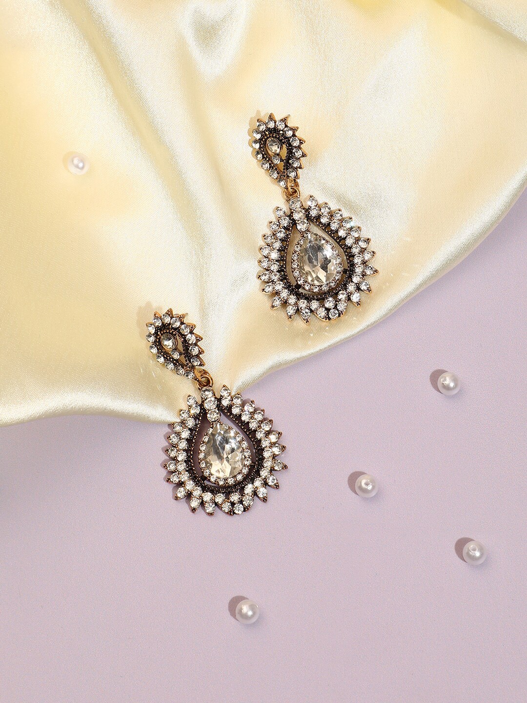 

SOHI Gold-Plated Stone-Studded Contemporary Drop Earrings, White