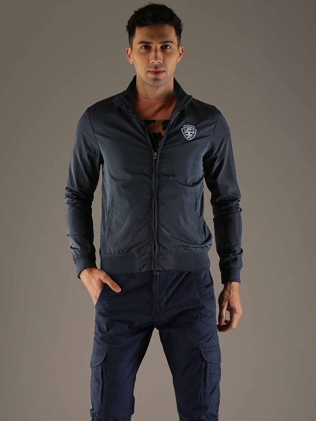 

Flying Machine Men Navy Solid Bomber Jacket, Navy blue