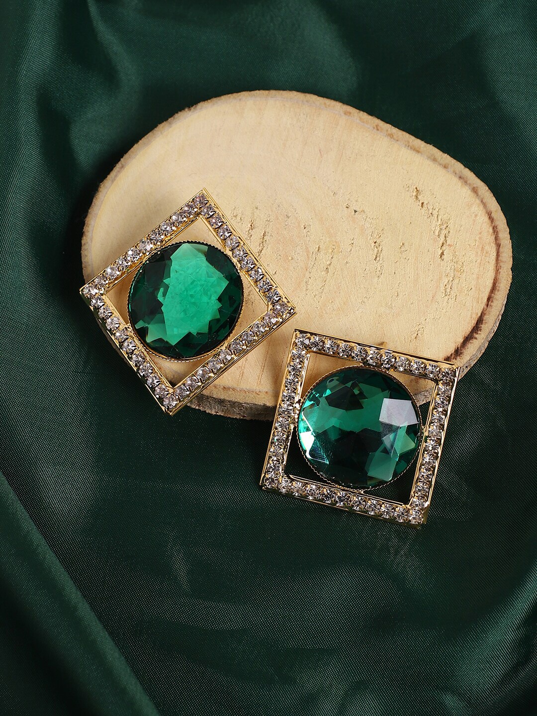 

SOHI Gold Plated Square Stone Studded Studs Earrings, Green