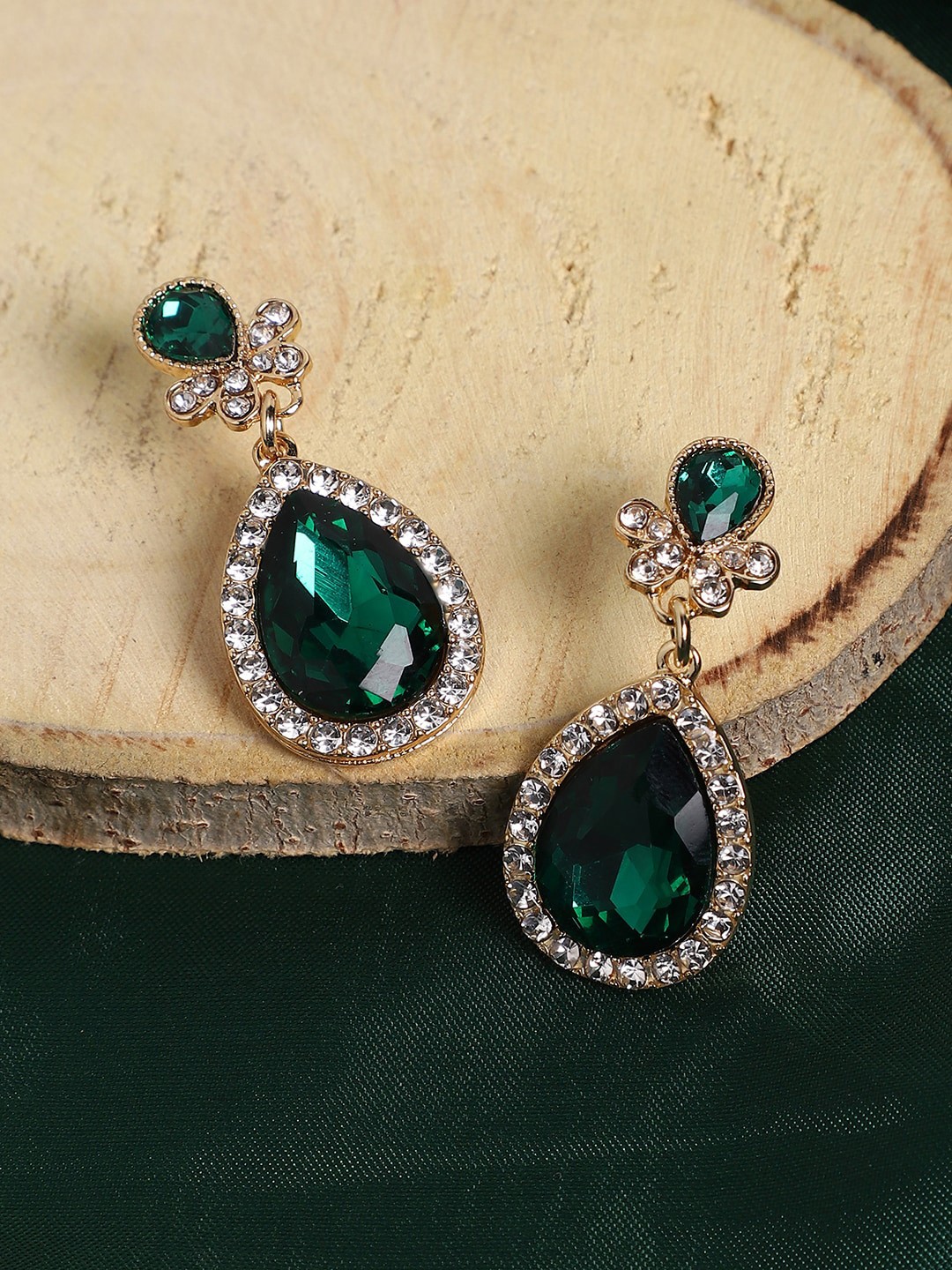 

SOHI Gold-Plated Stone-Studded Contemporary Drop Earrings, Green
