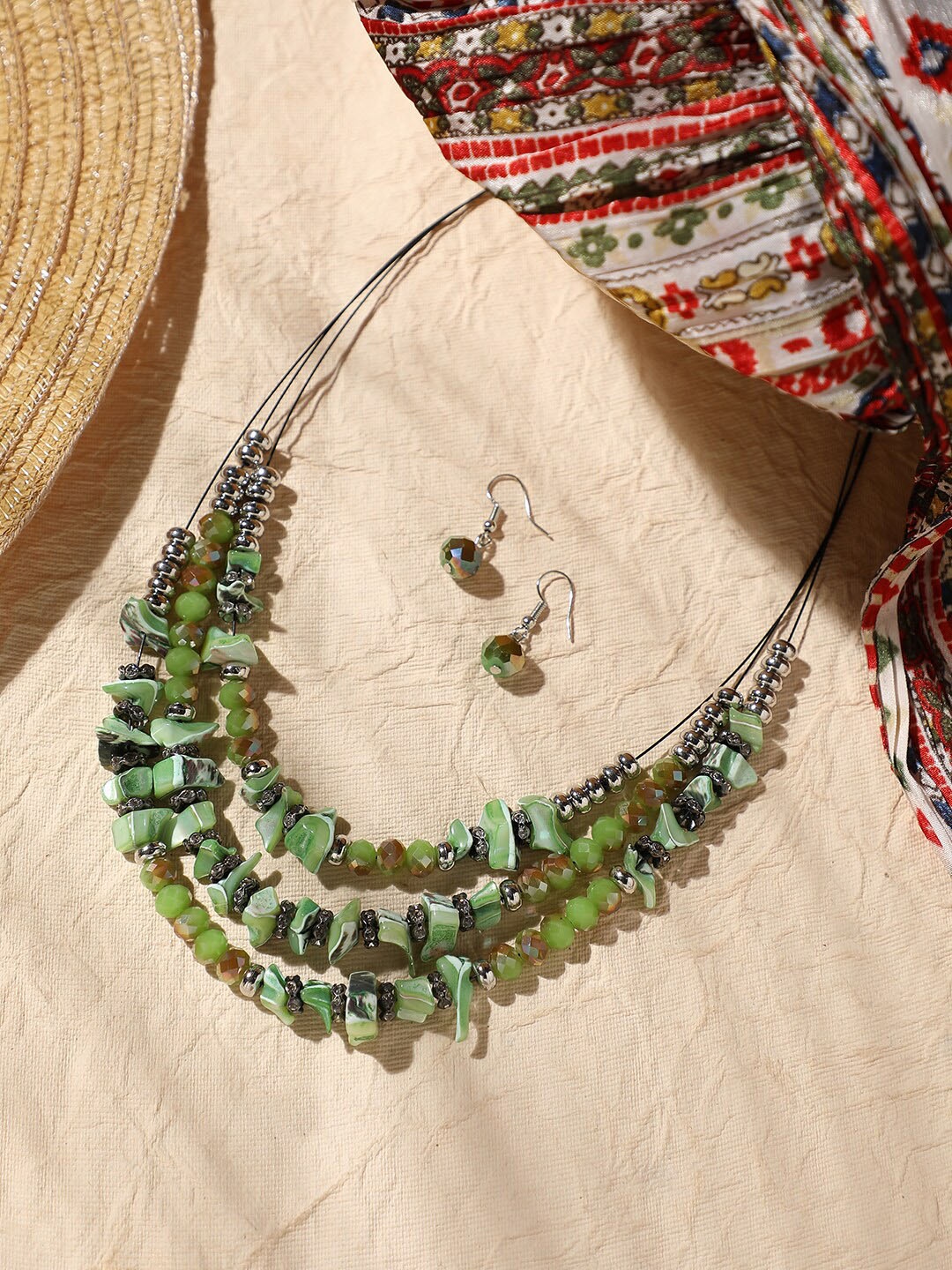 

SOHI Silver-Plated Stone-Studded & Beaded Jewellery Set, Green