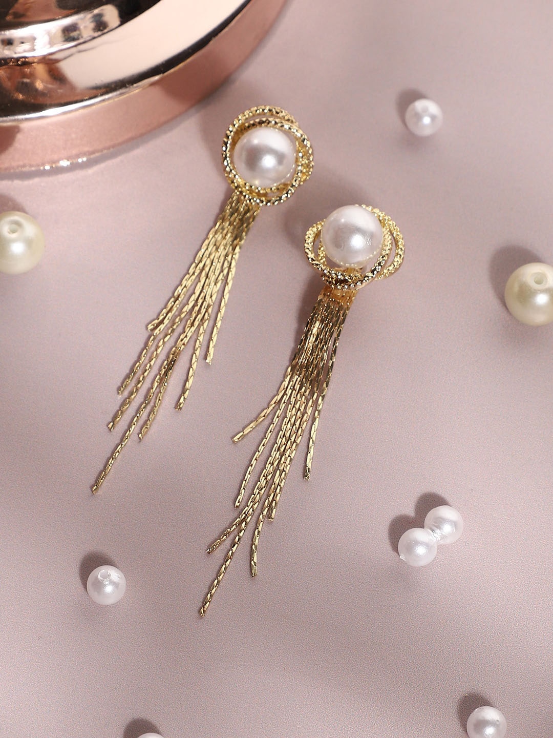 

SOHI Gold-Plated Contemporary Pear Beaded Drop Earrings