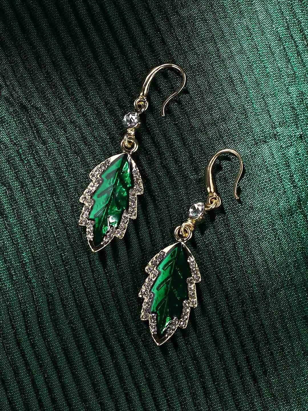 

SOHI Gold-Plated Stone-Studded Leaf Shaped Drop Earrings, Green