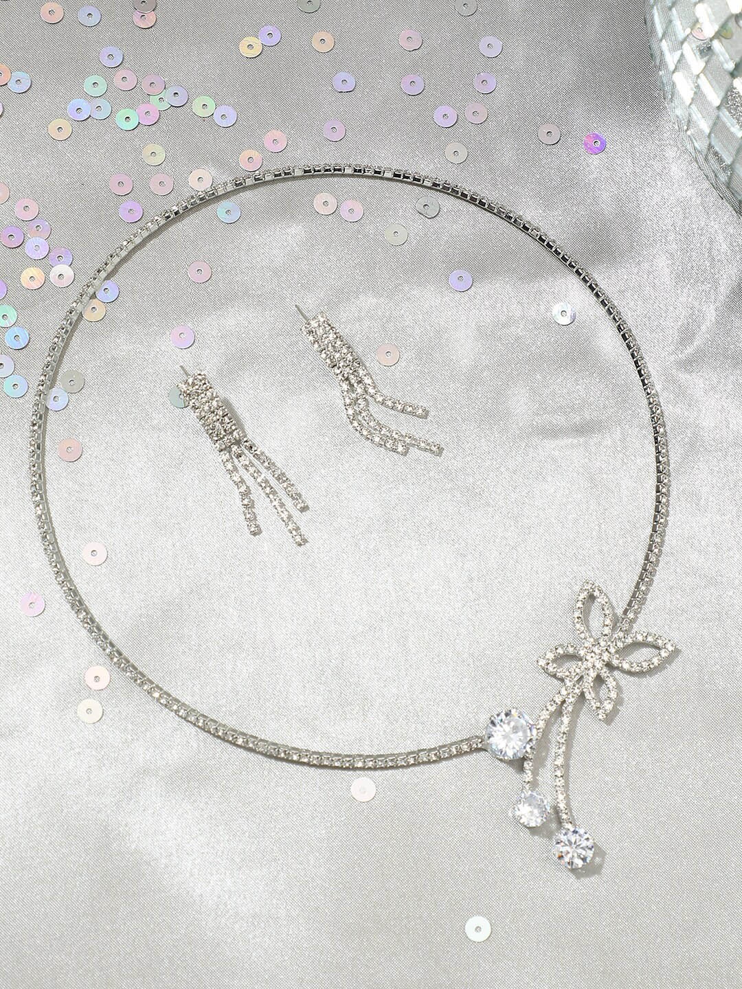 

SOHI Silver-Plated Stones-Studded Necklace & Earrings Set