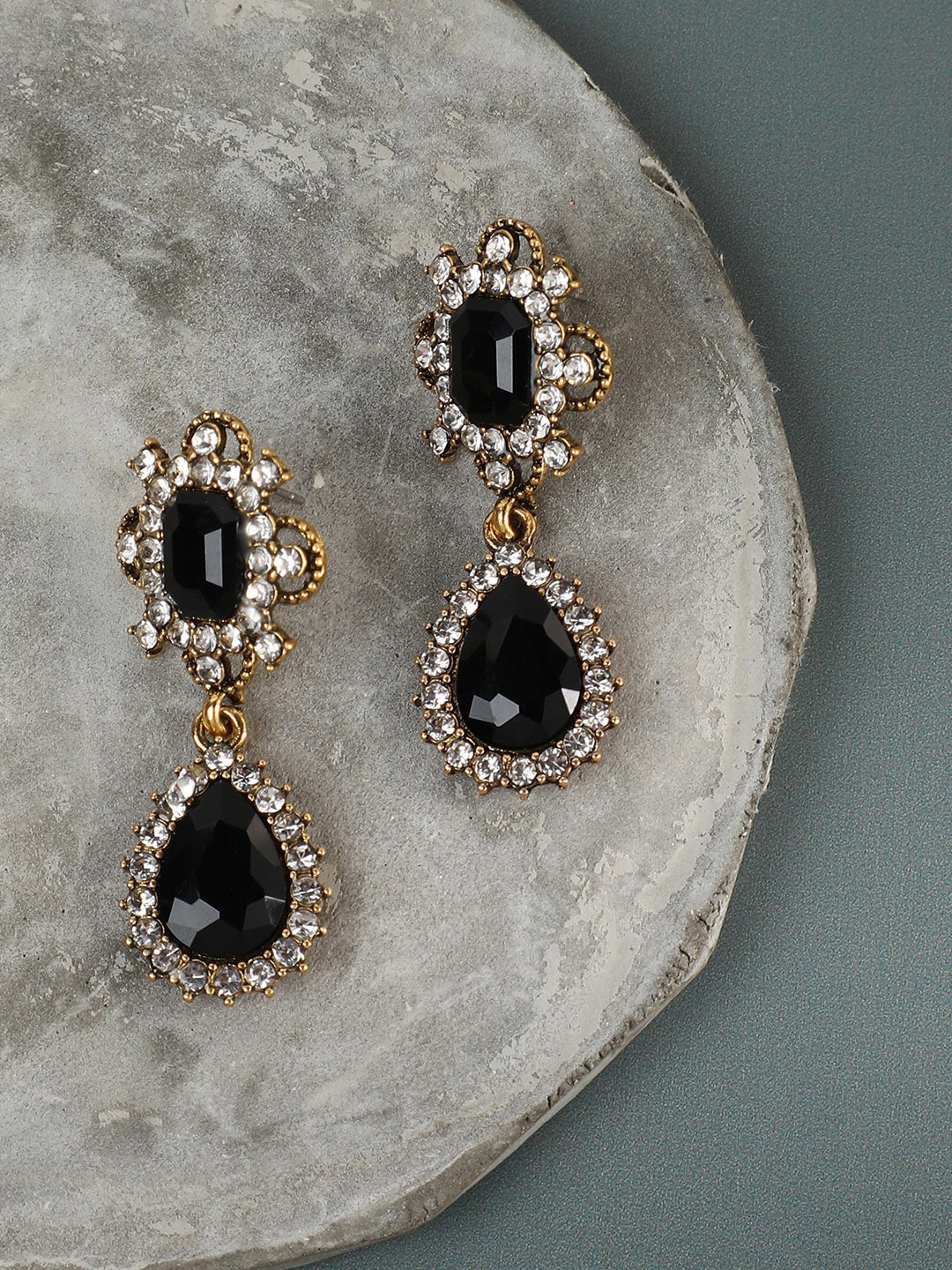 

SOHI Gold Plated Contemporary Stone Studded Drop Earrings, Black