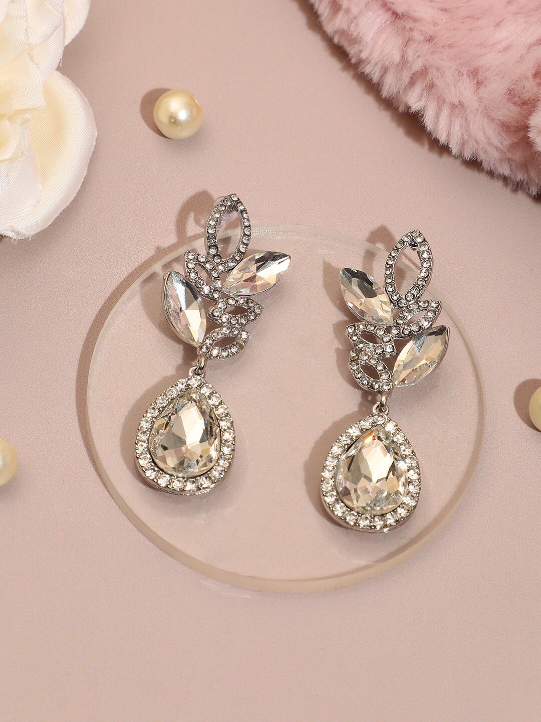 

SOHI Silver-Plated Stone Studded Contemporary Drop Earrings, White