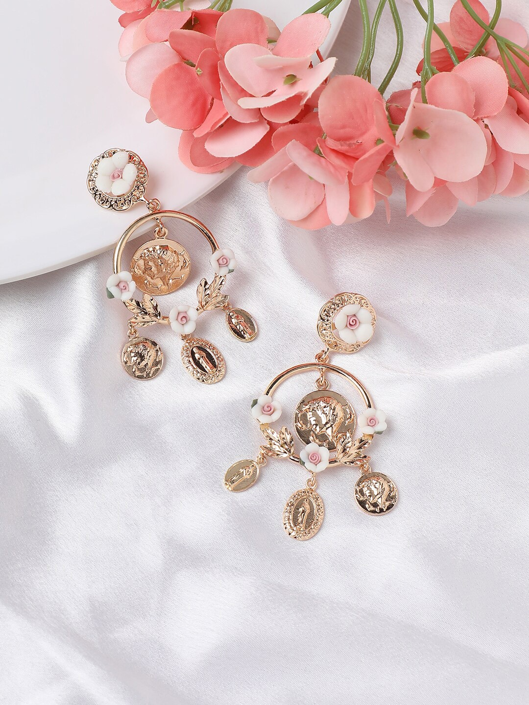 

SOHI Gold Plated Contemporary Floral Drop Earrings, White