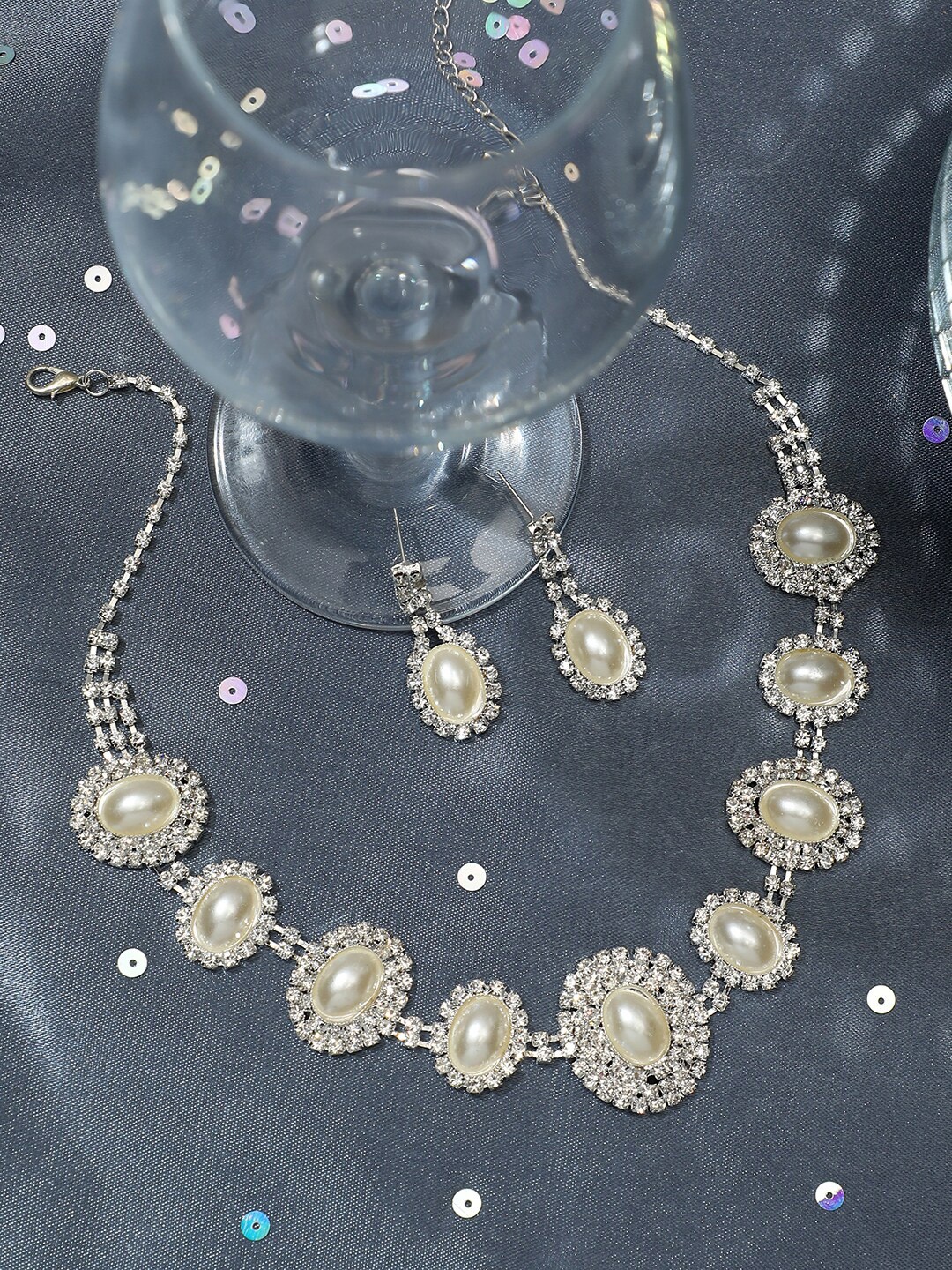 

SOHI Silver-Plated Stone-Studded & Beaded Jewellery Set, White