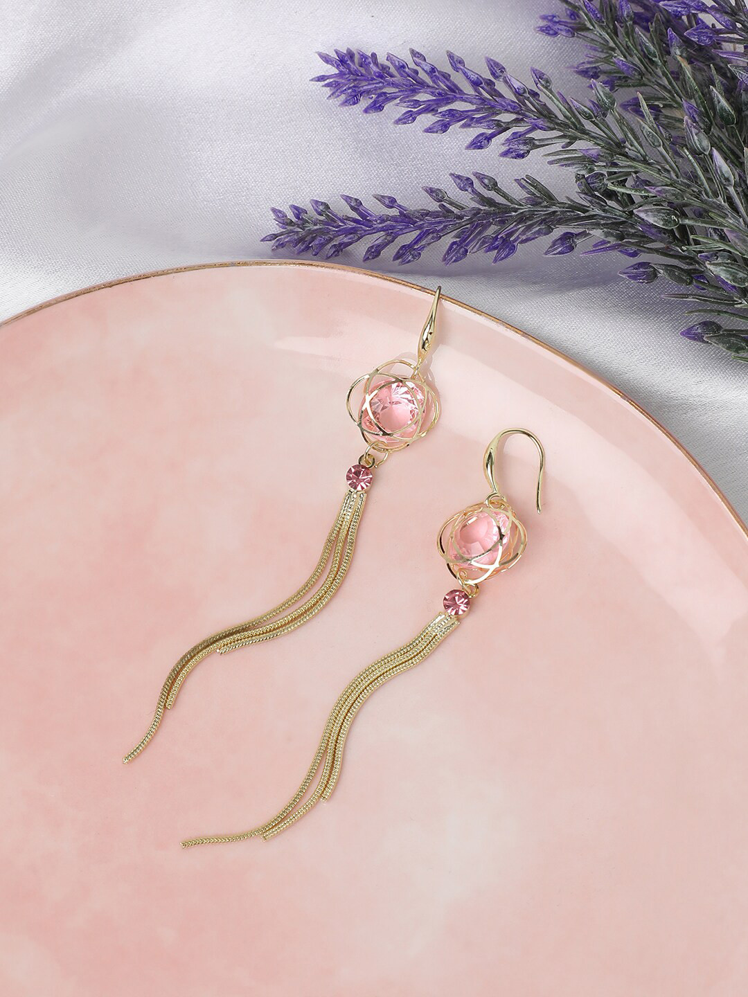 

SOHI Gold-Plated Contemporary Tasselled Stone Studded Drop Earrings, Pink