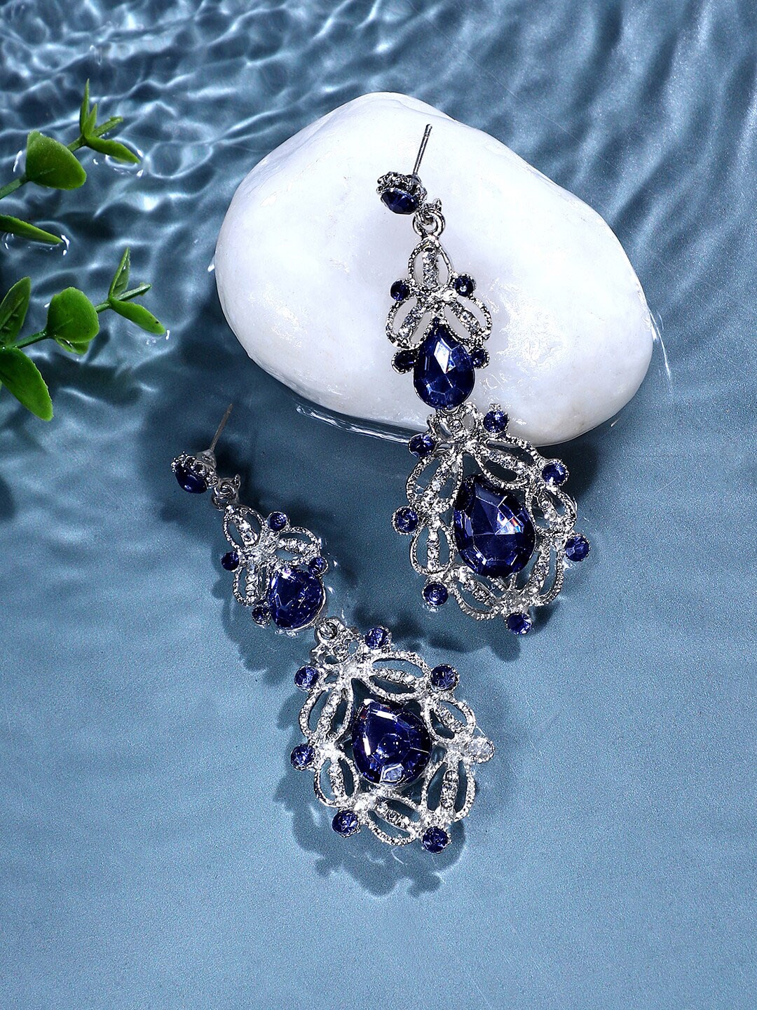 

SOHI Silver-Plated Stone-Studded Contemporary Drop Earrings, Blue