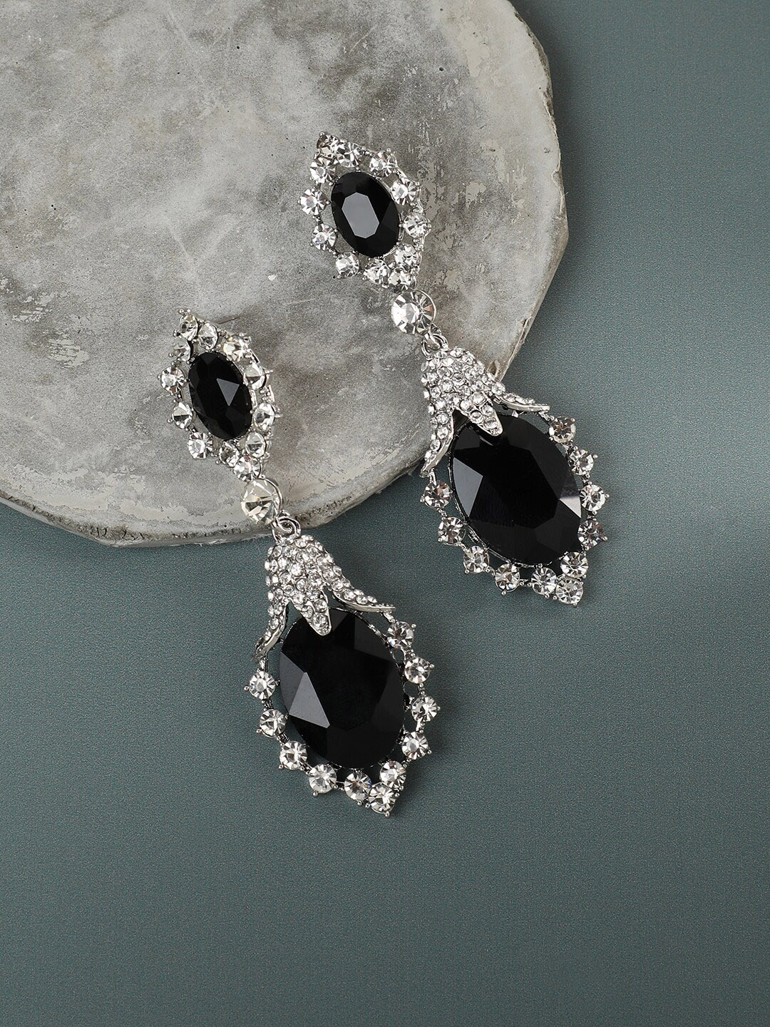 

SOHI Silver-Plated Stone-Studded Contemporary Drop Earrings, Black