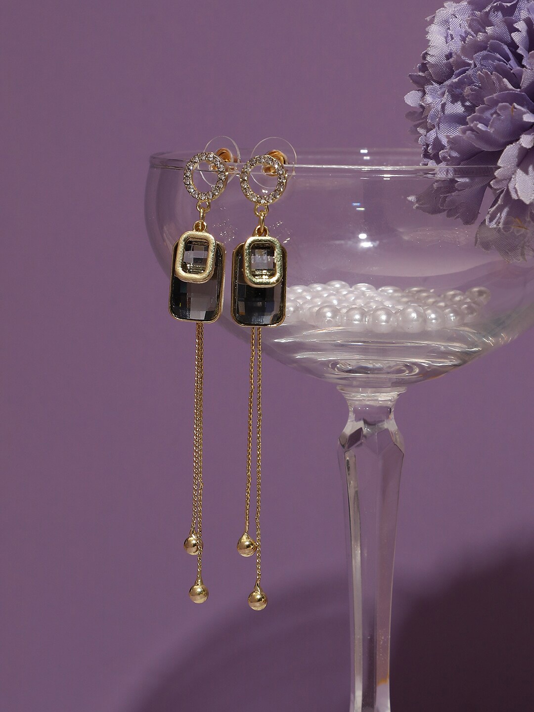 

SOHI Gold-Plated Stone-Studded Contemporary Drop Earrings, Grey