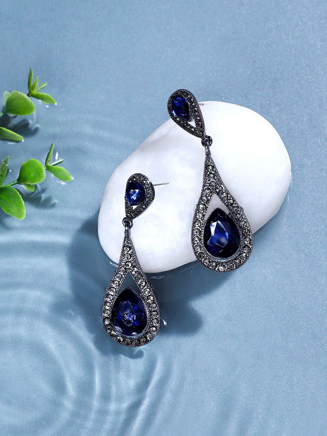 

SOHI Silver-Plated Stone-Studded Contemporary Drop Earrings, Blue