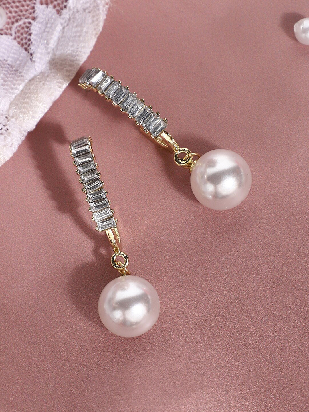 

SOHI Gold Plated Contemporary Stone Studded Drop Earrings, White