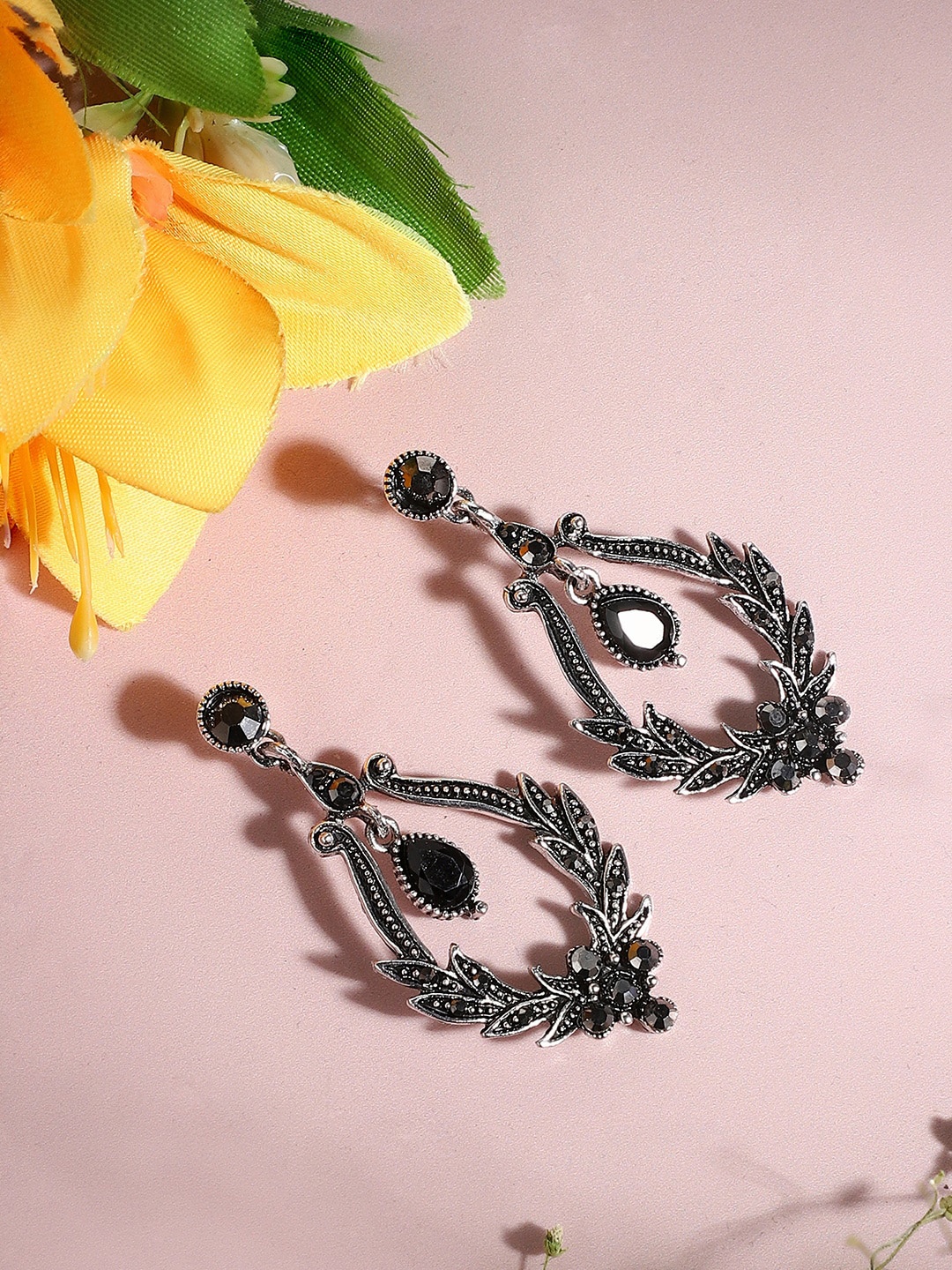

SOHI Silver-Plated Contemporary Drop Earrings, Black