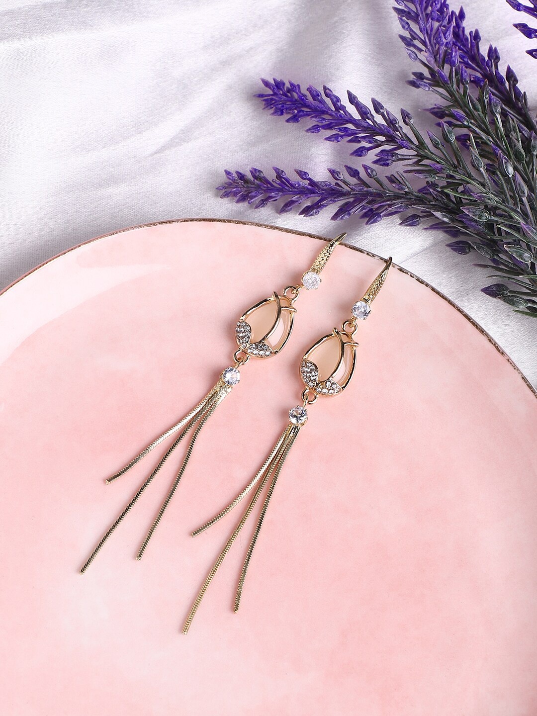 

SOHI Gold-Plated Stone-Studded Contemporary Drop Earrings, White