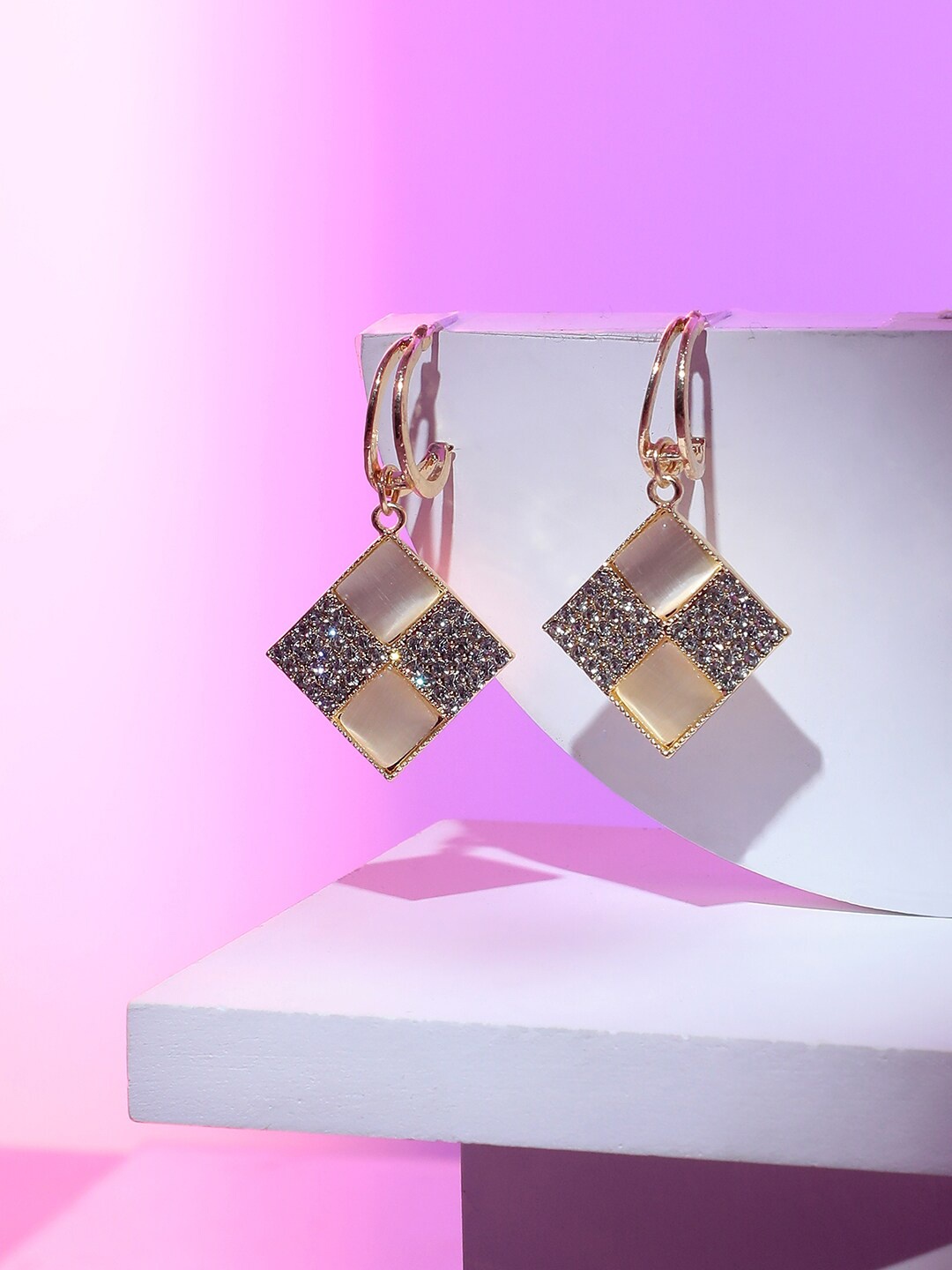 

SOHI Gold-Plated Stone-Studded Contemporary Half Hoop Earrings, White