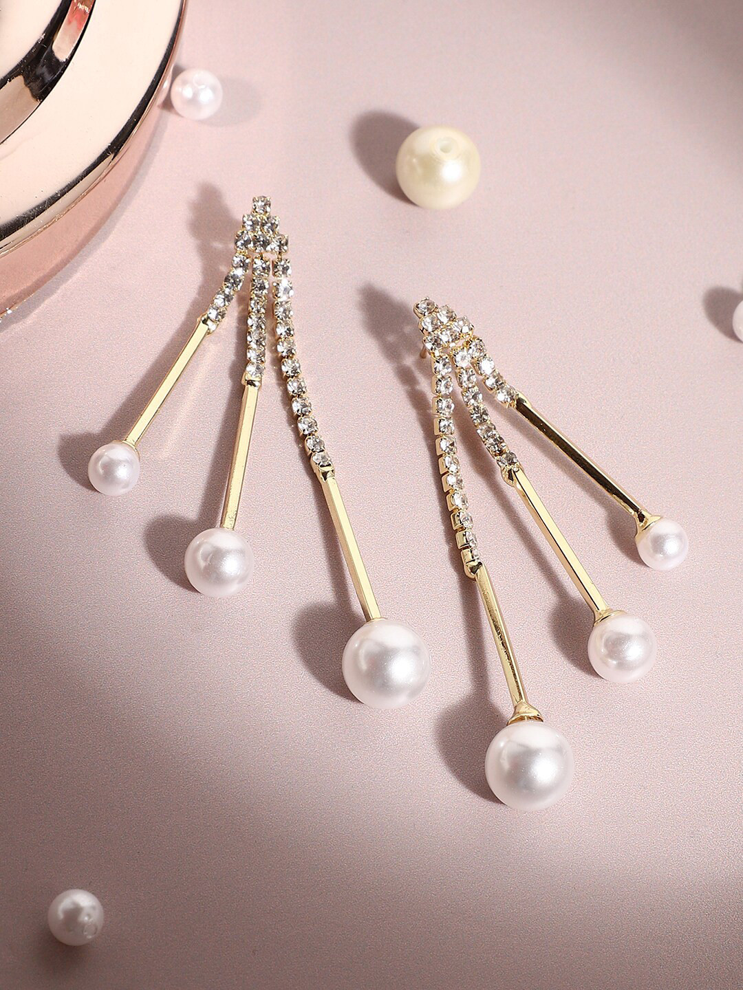 

SOHI Gold-Plated Stone-Studded & Beaded Contemporary Drop Earrings, White