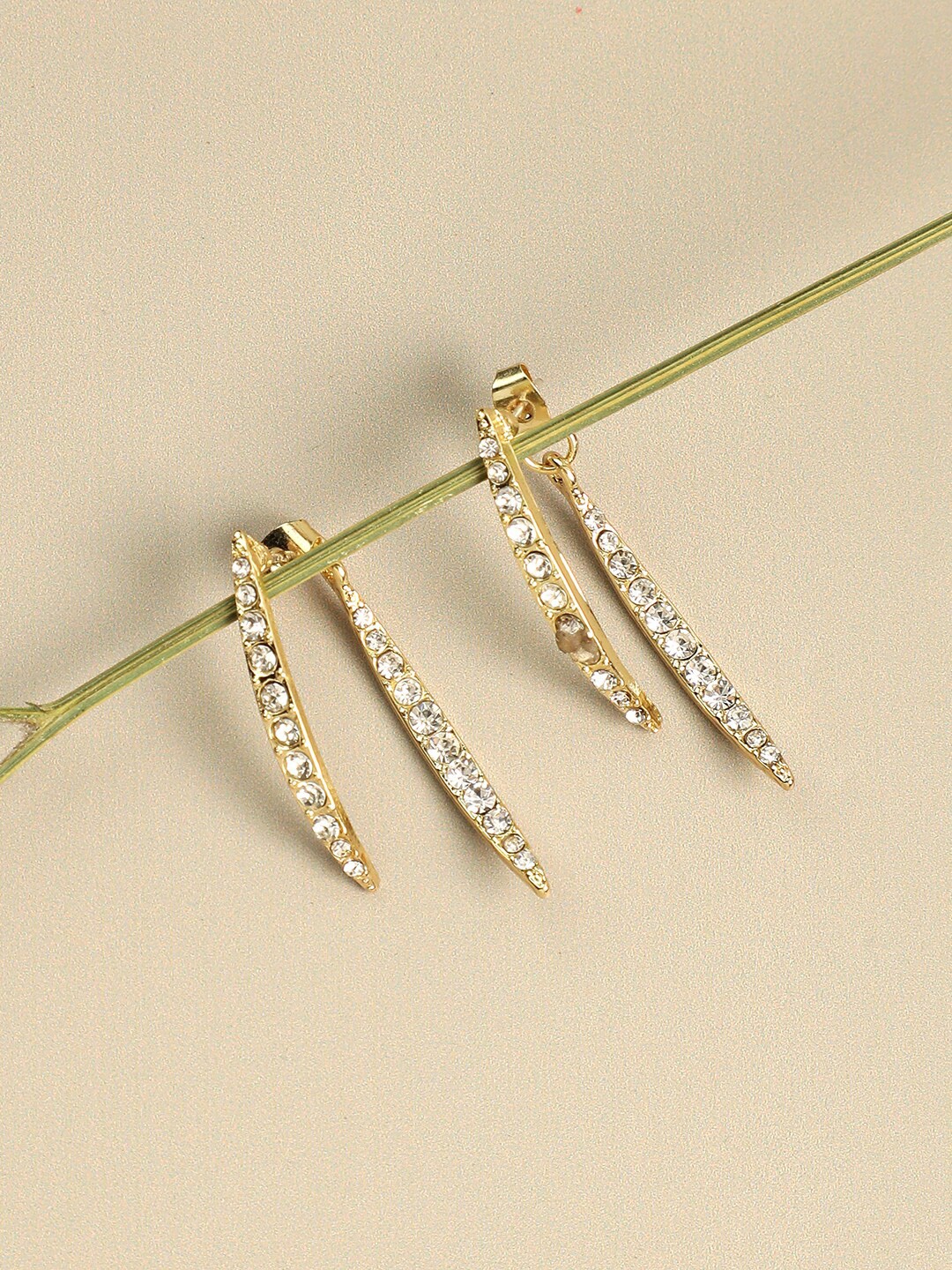 

SOHI Gold-Plated Stone-Studded Contemporary Double Sided Drop Earrings, White