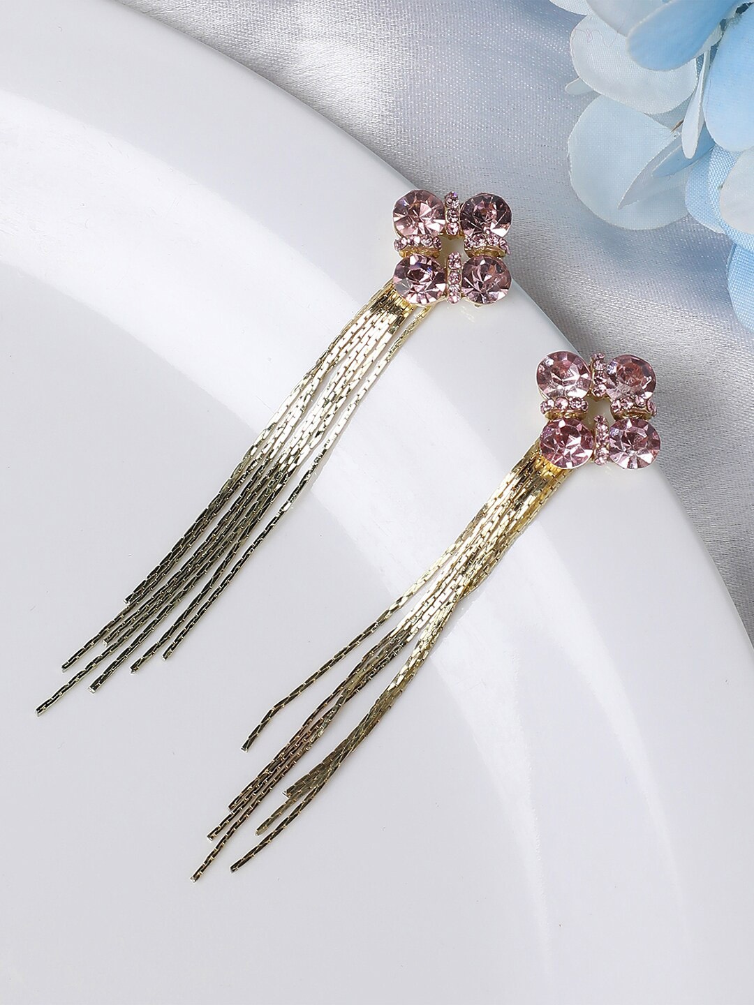 

SOHI Gold-Plated Stone-Studded Contemporary Tasselled Drop Earrings, Pink