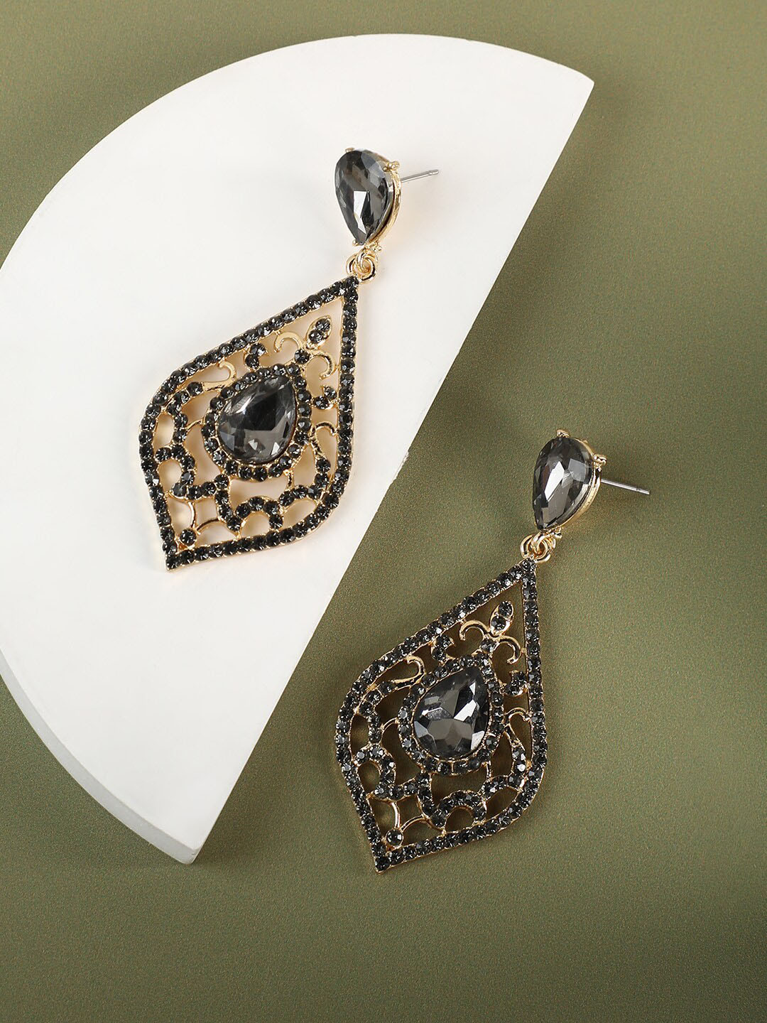 

SOHI Gold-Plated Stone-Studded Contemporary Drop Earrings, Black