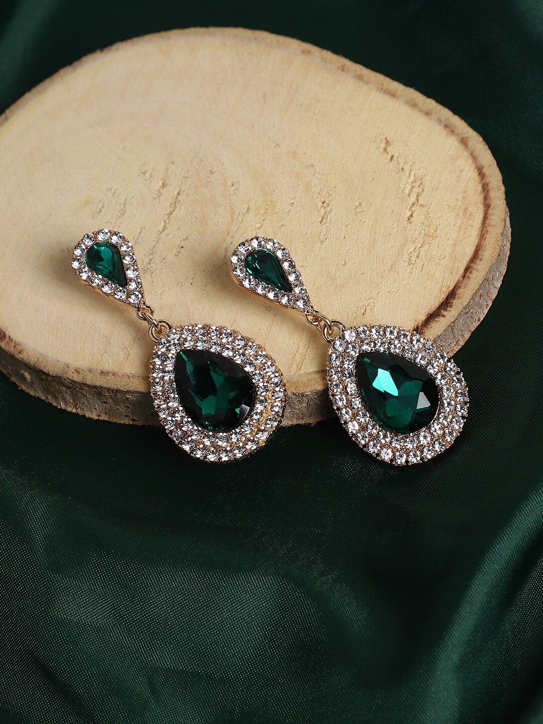 

SOHI Gold-Plated Stone-Studded Contemporary Drop Earrings, Green