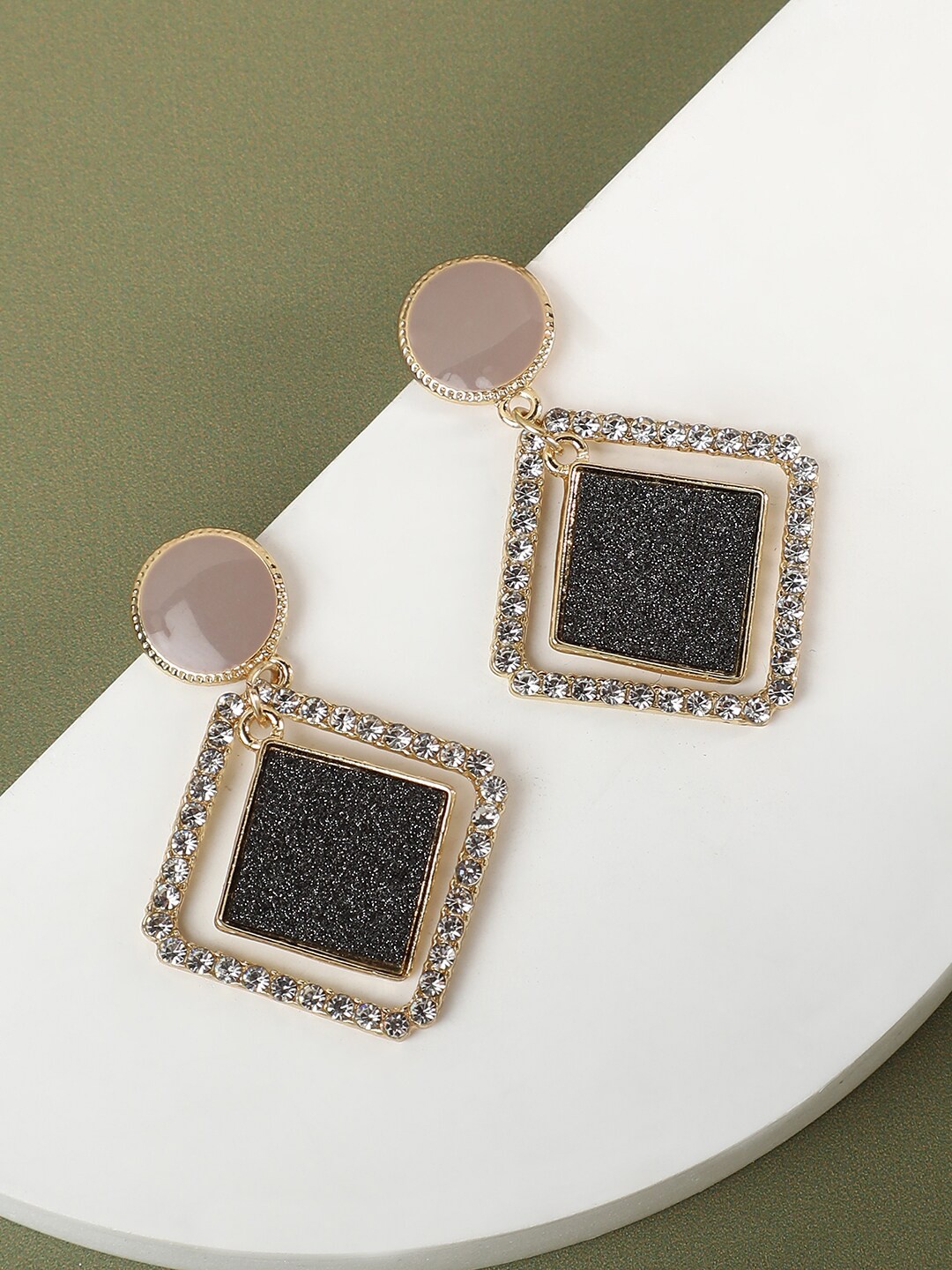 

SOHI Gold-Plated Stone-Studded Geometric Drop Earrings, Black