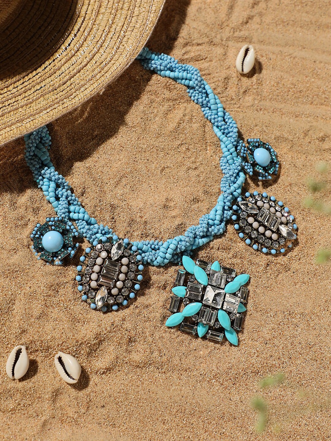 

SOHI Silver-Plated Stone-Studded & Beaded Necklace, Turquoise blue