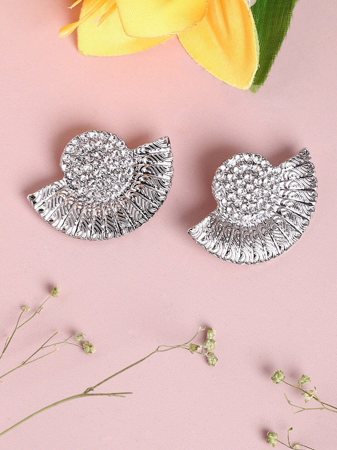 

SOHI Silver-Plated Stone-Studded Contemporary Studs Earrings, White