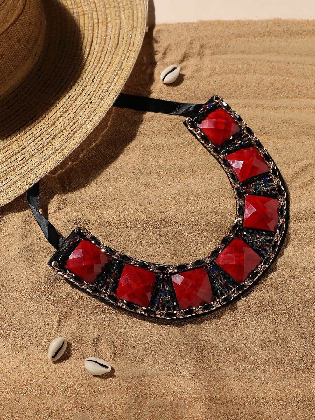 

SOHI Gold-Plated Stone Studded Necklace, Red