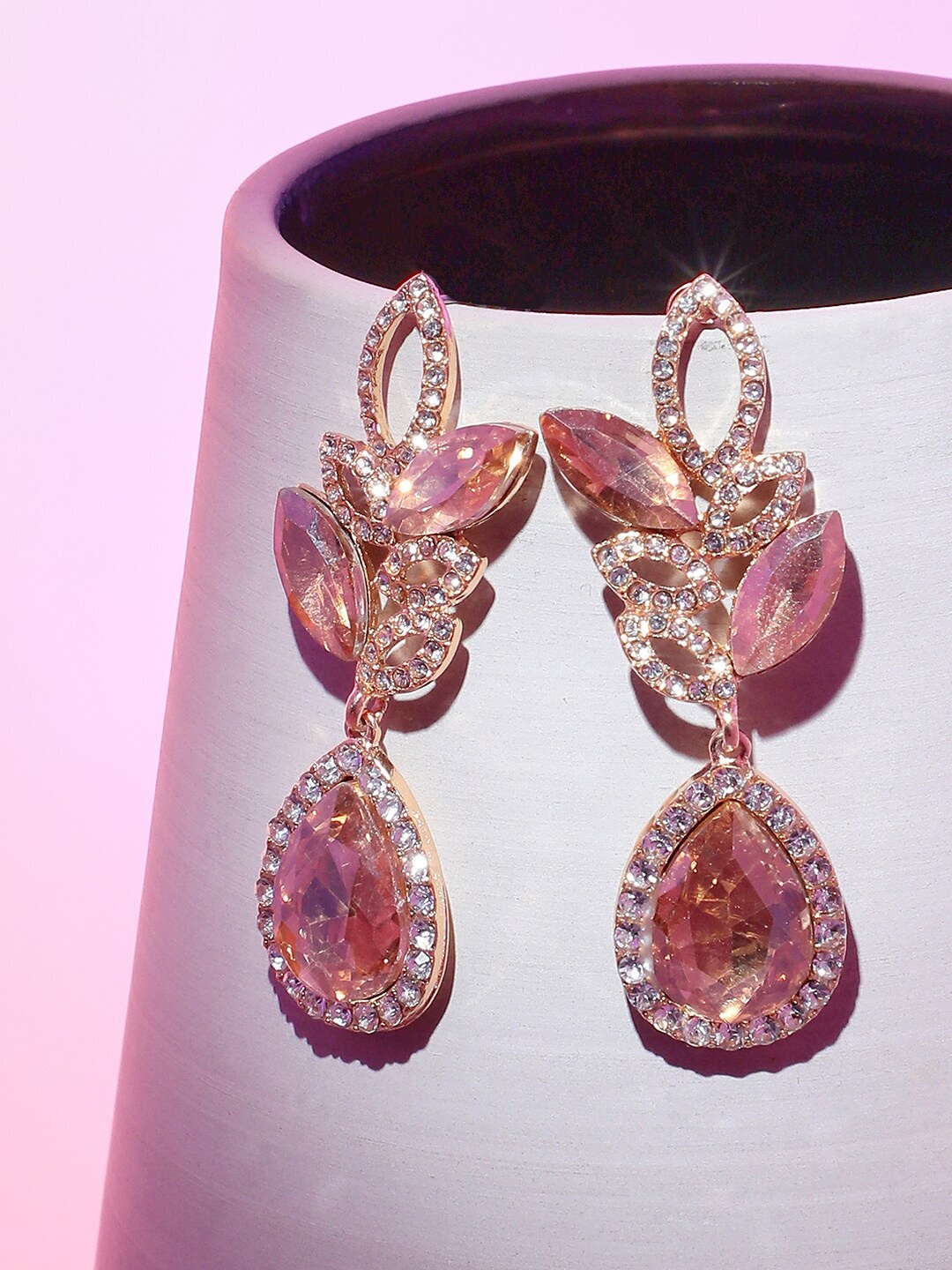 

SOHI Gold-Plated Stone-Studded Contemporary Drop Earrings, White