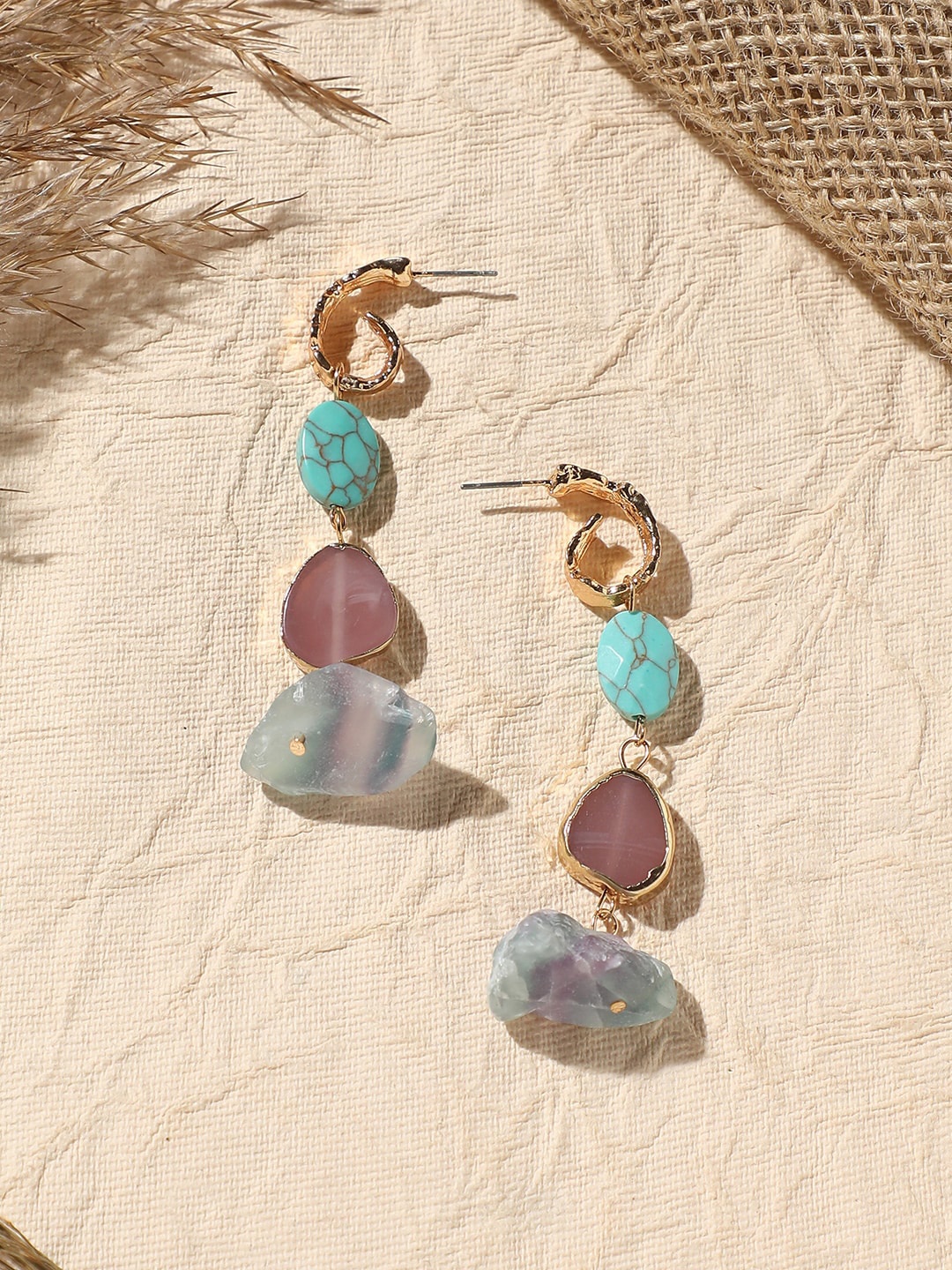 

SOHI Gold-Plated Stone-Studded Contemporary Half Hoop Earrings, Turquoise blue