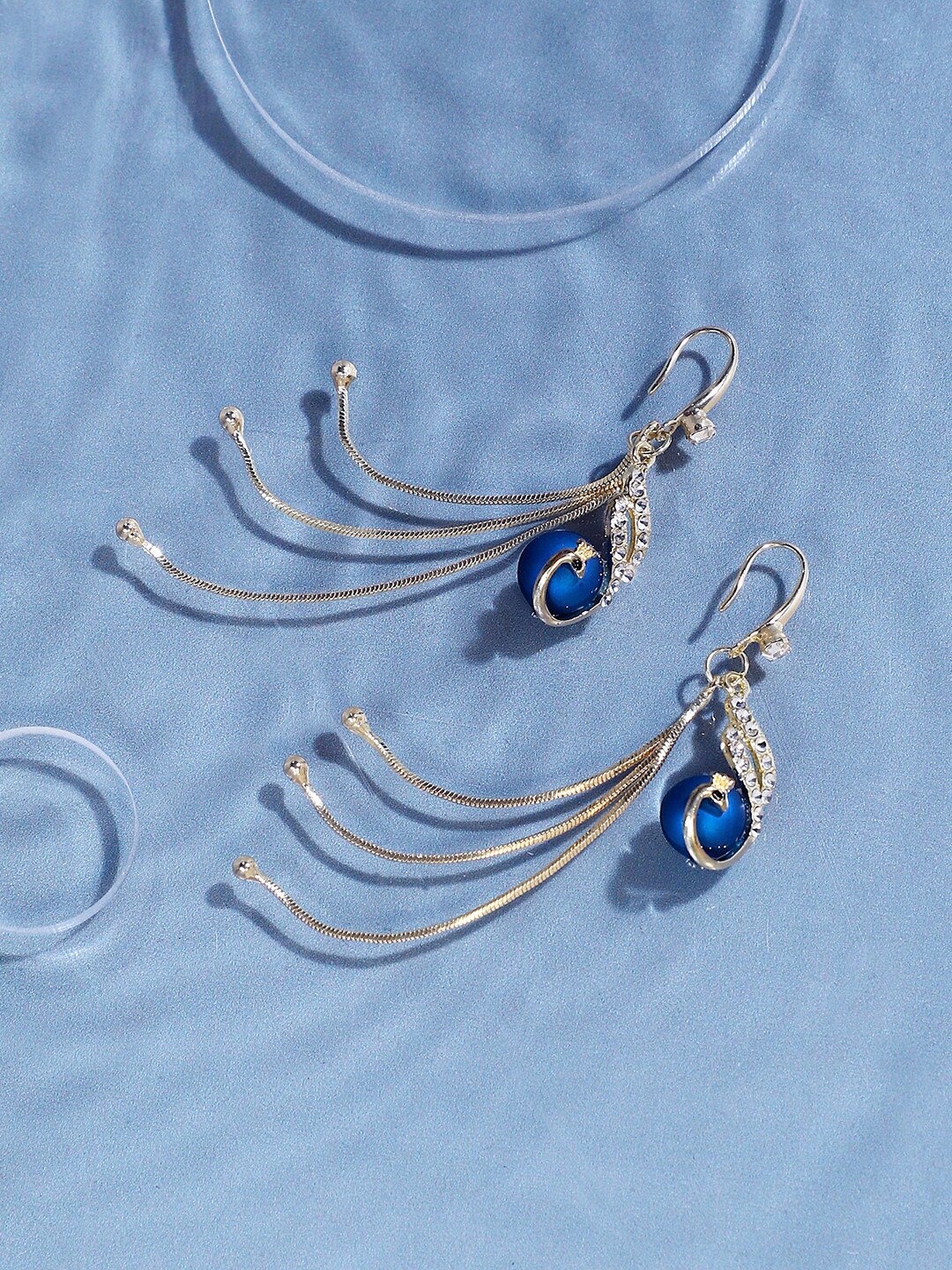 

SOHI Gold-Plated Stone-Studded & Beaded Peacock Shaped Tasselled Drop Earrings, Blue