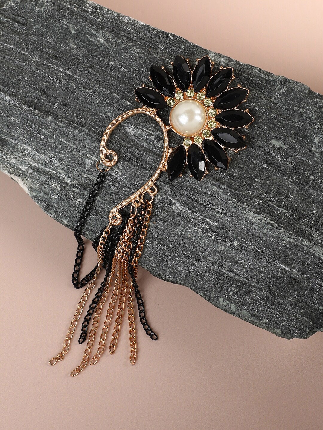 

SOHI Gold-Plated Stone-Studded & Beaded Contemporary Ear Cuff Earrings, Black