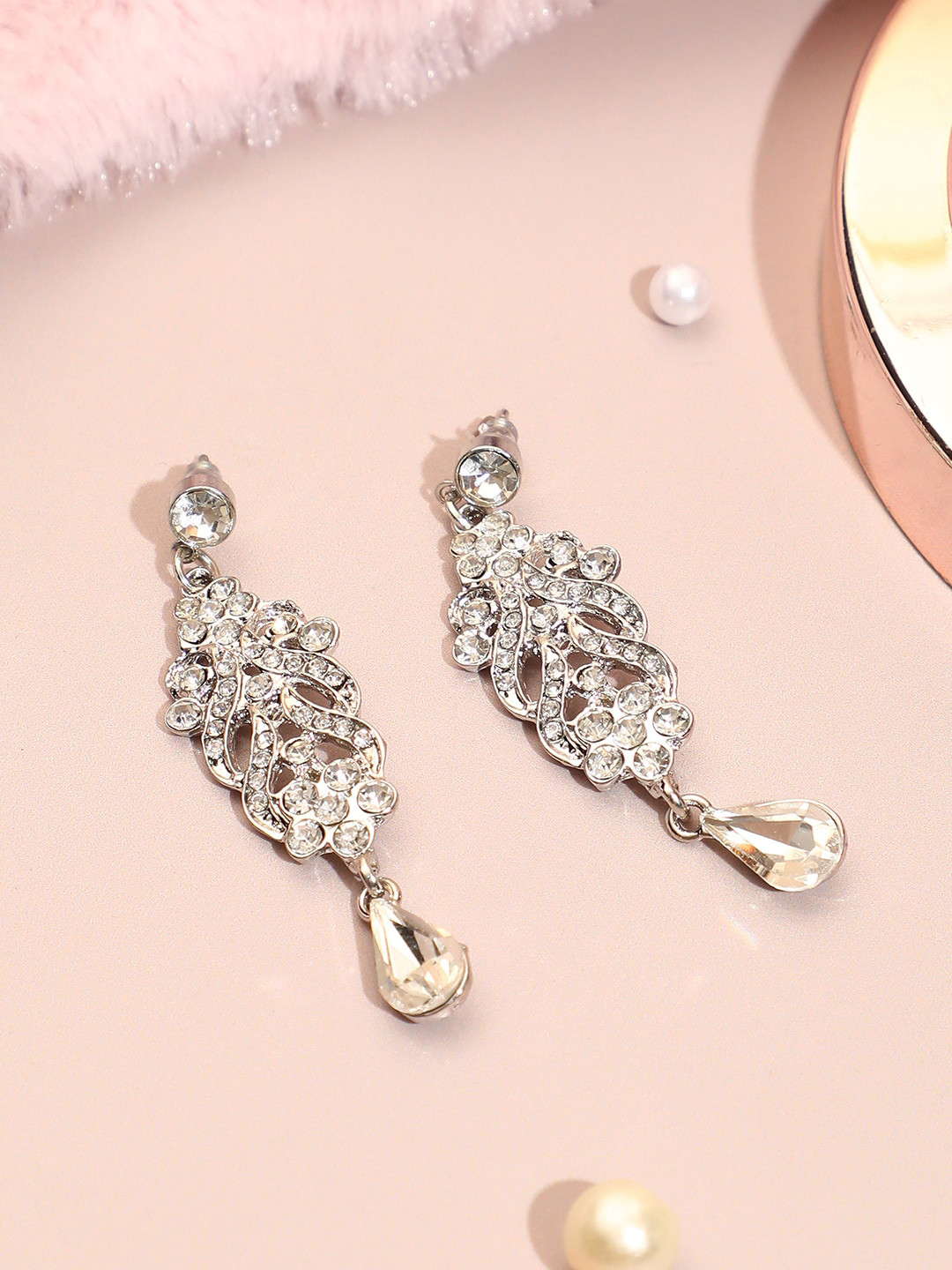 

SOHI Silver-Plated Contemporary Stone Studded Drop Earrings, White