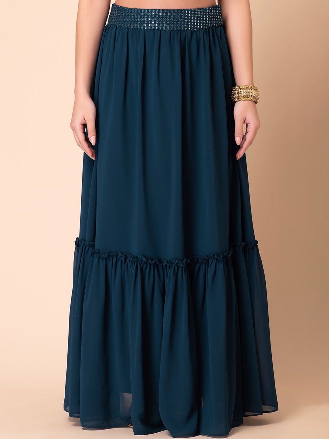 

INDYA Embellished Waist Tiered Lehenga Skirt, Teal