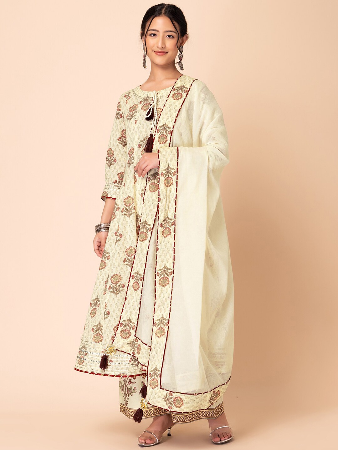 

INDYA Floral Printed Pure Cotton Anarkali Kurta With Palazzo & Dupatta, Off white