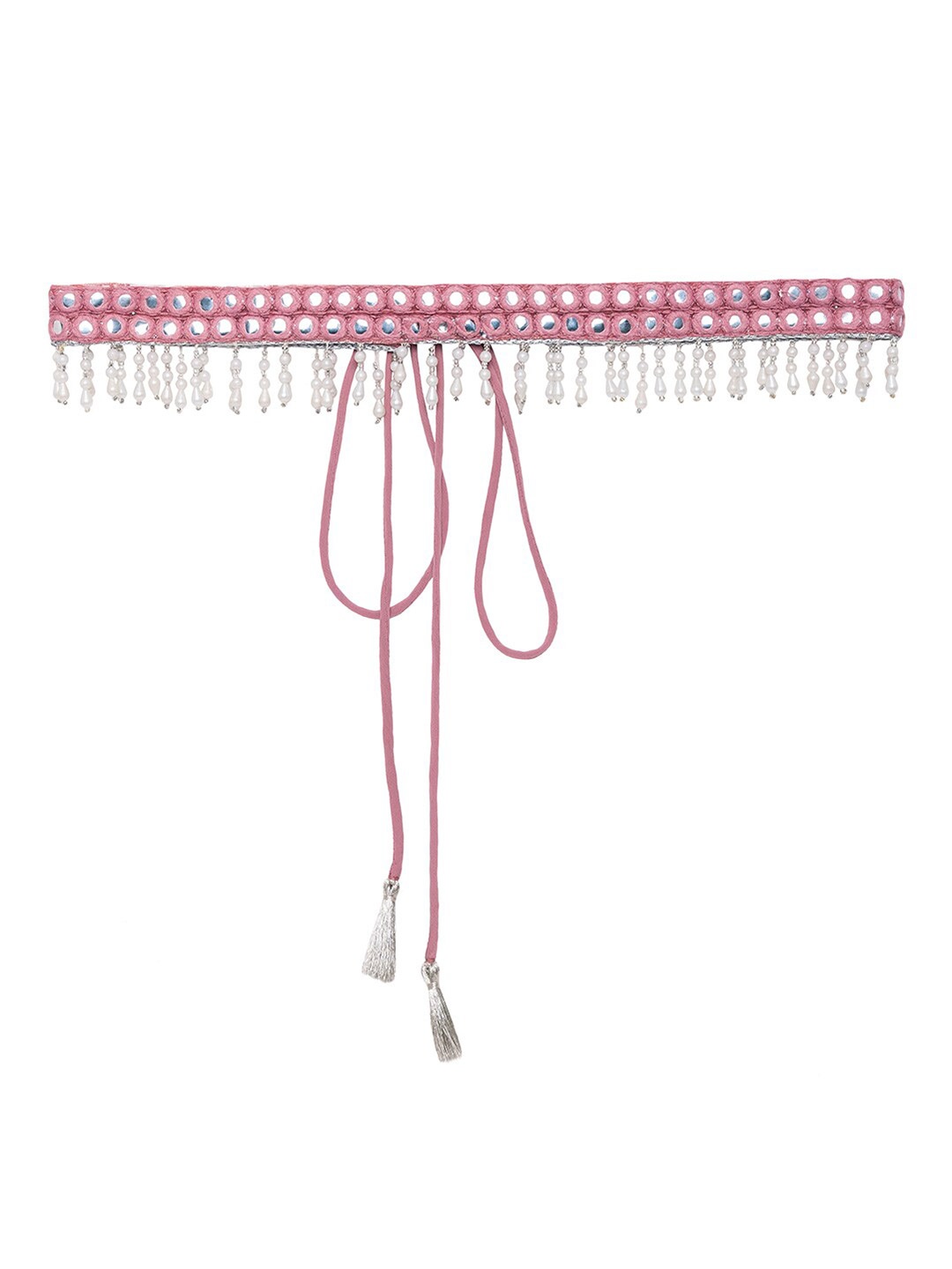 

INDYA Mirror Work Embroidered & Pearl Beaded Fringe Belt, Pink