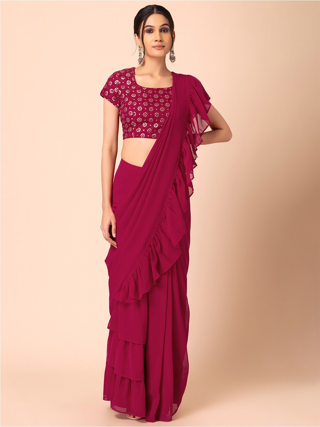 

INDYA Ruffles Poly Georgette Sarees, Pink