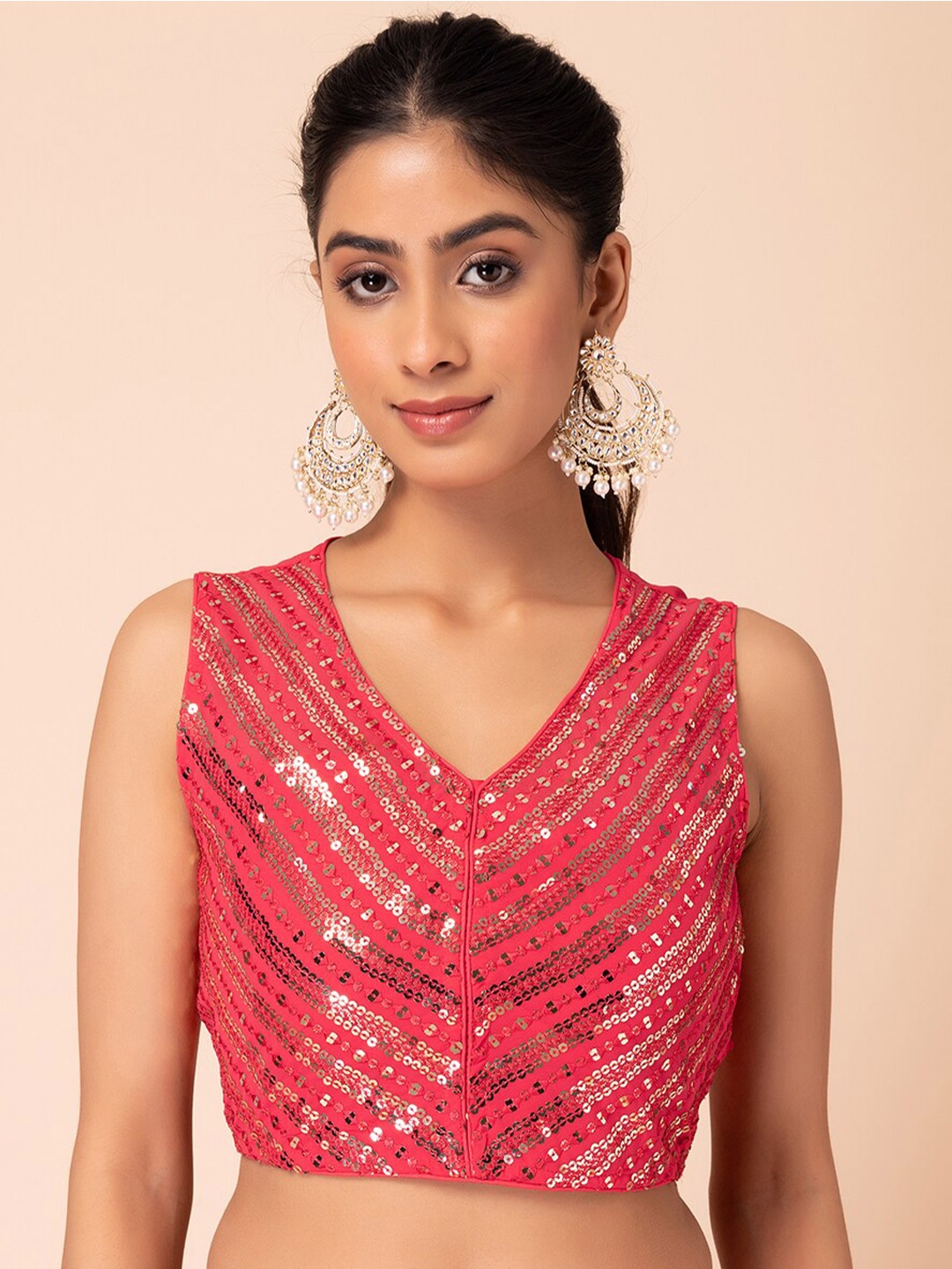 

INDYA Sequined Embroidered Georgette Saree Blouse, Pink