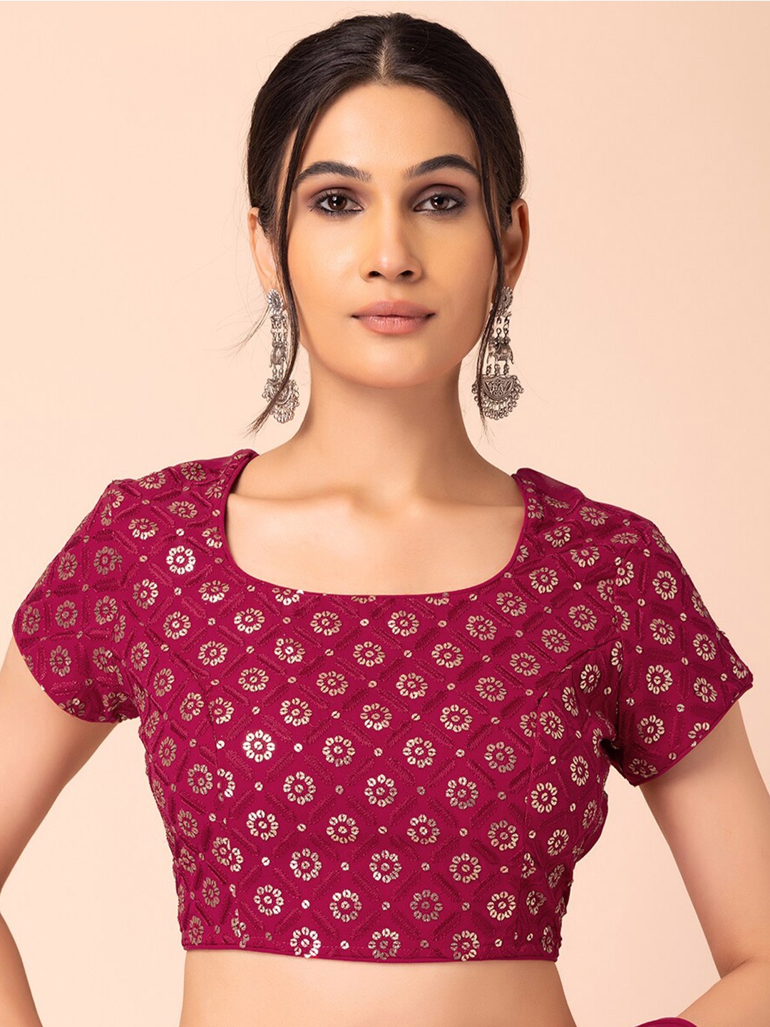 

INDYA Foil Print Sequin Embroidered Blouse, Pink