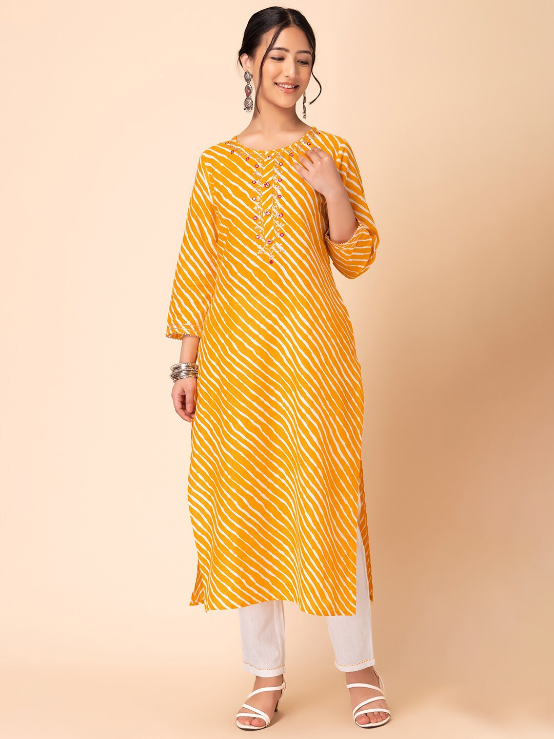 

INDYA Leheriya Print Thread Work Pure Cotton Straight Kurta With Trouser, Yellow